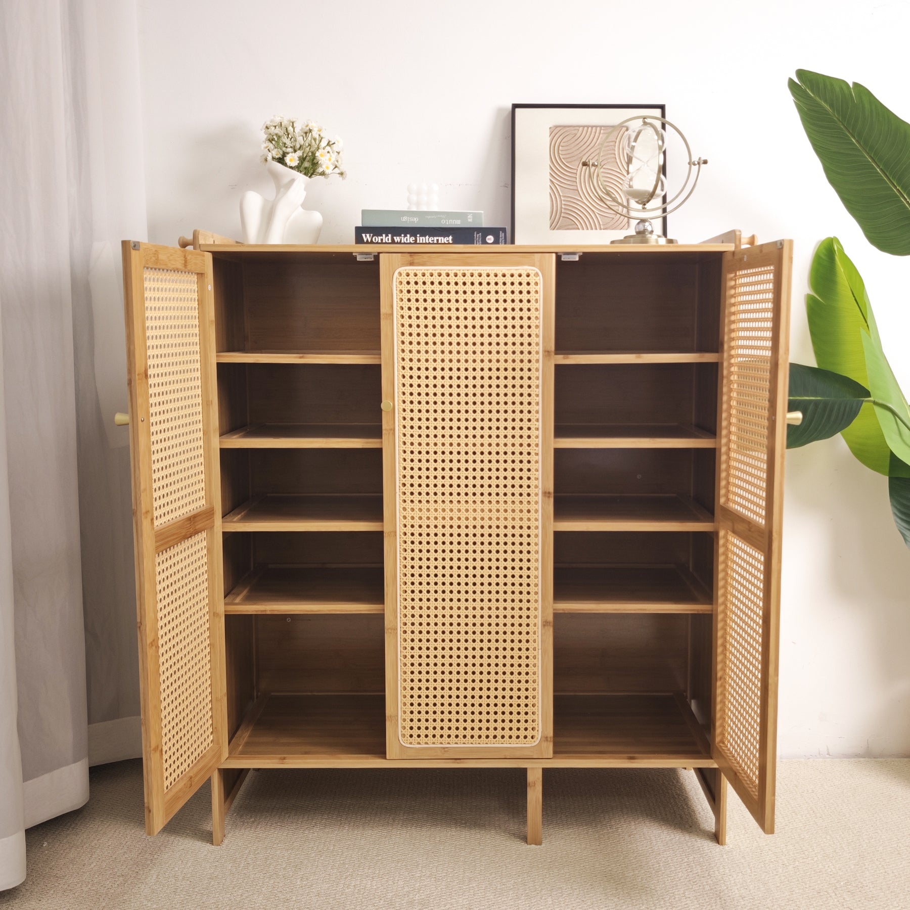 Bamboo Shoe Cabinet: 6 Tier Shelves Shoe Storage Cabinet with Hollow Doors Shoe Rack for Entryway