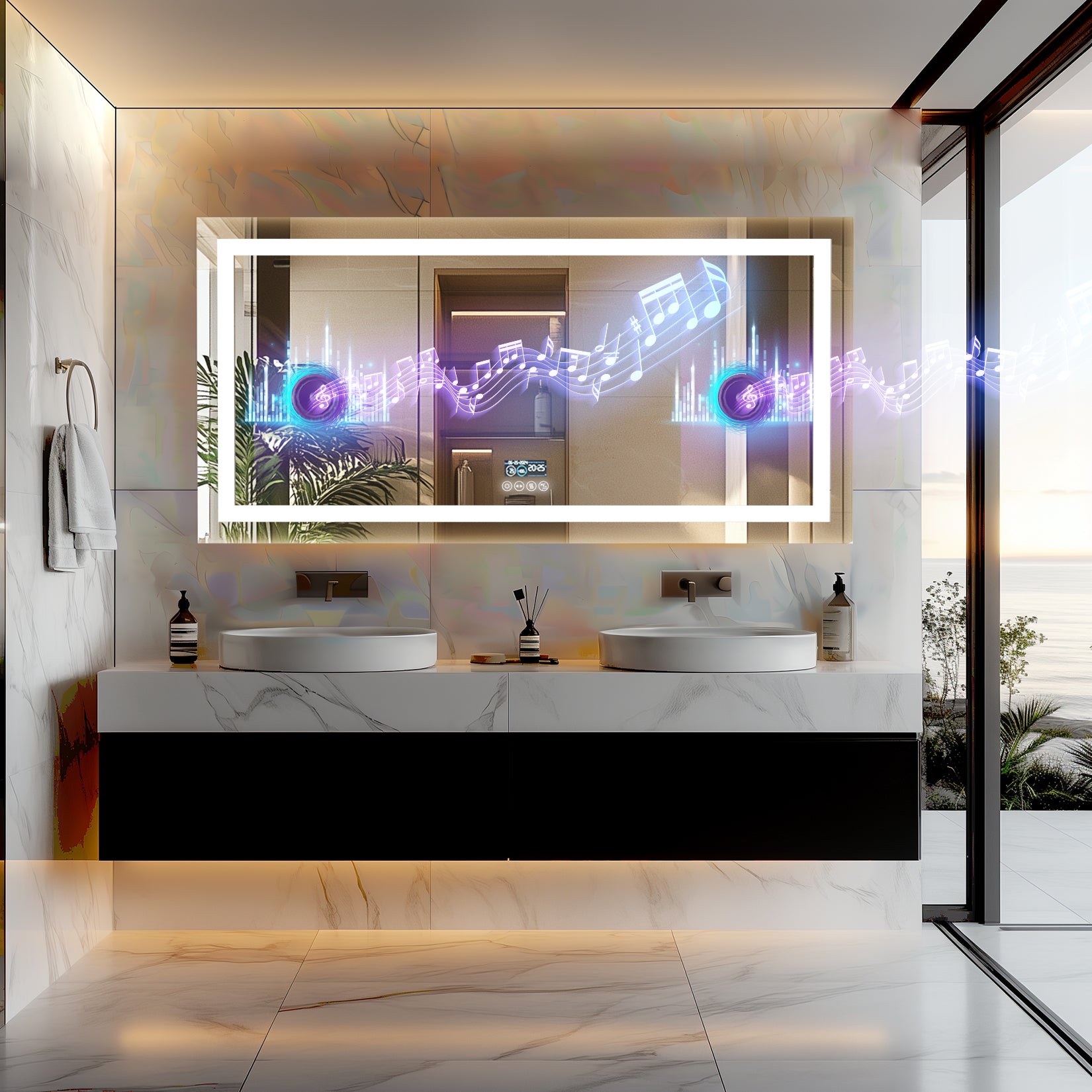 Long Rectangular LED Bathroom Mirror with Bluetooth Speaker