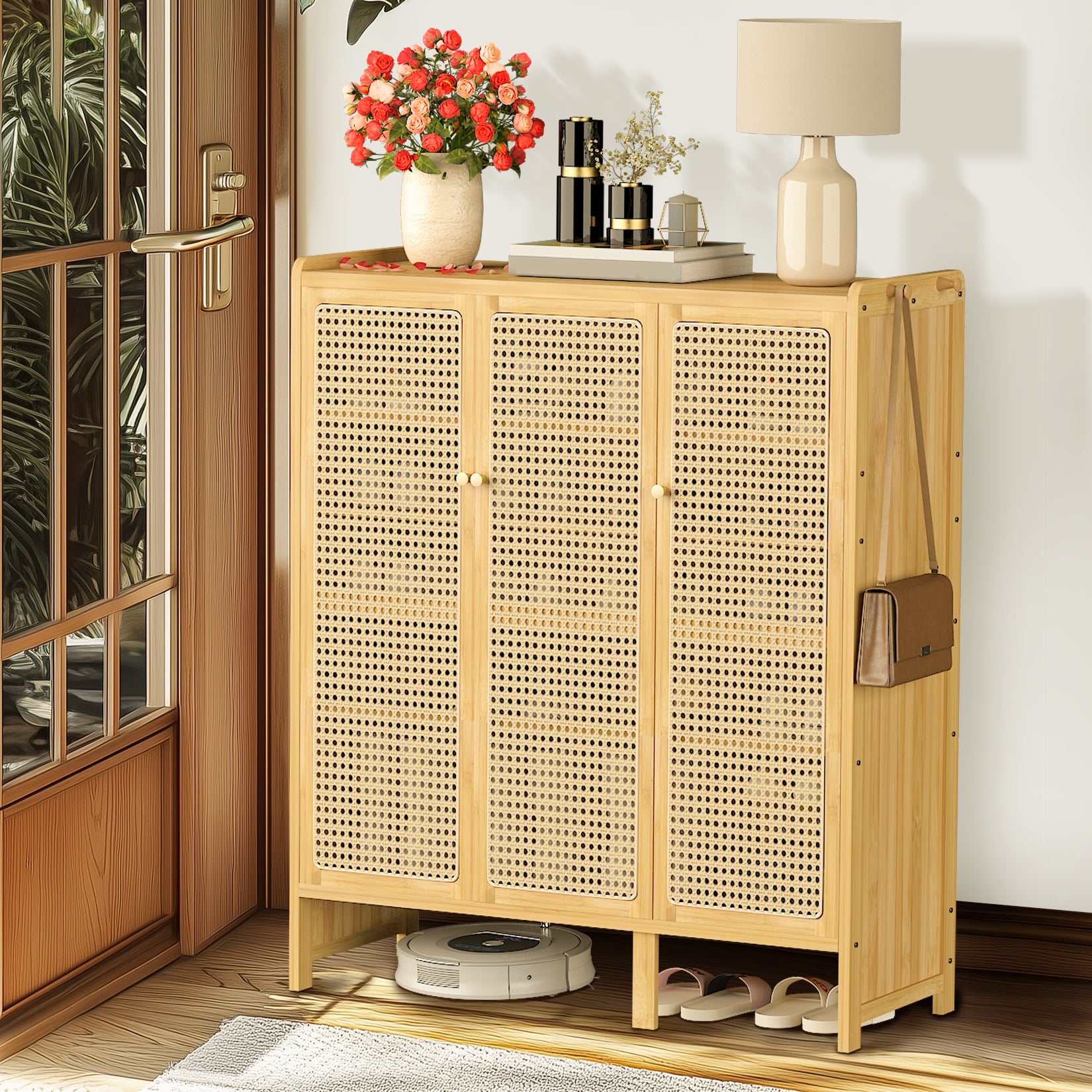Bamboo Shoe Cabinet: 6 Tier Shelves Shoe Storage Cabinet with Hollow Doors Shoe Rack for Entryway