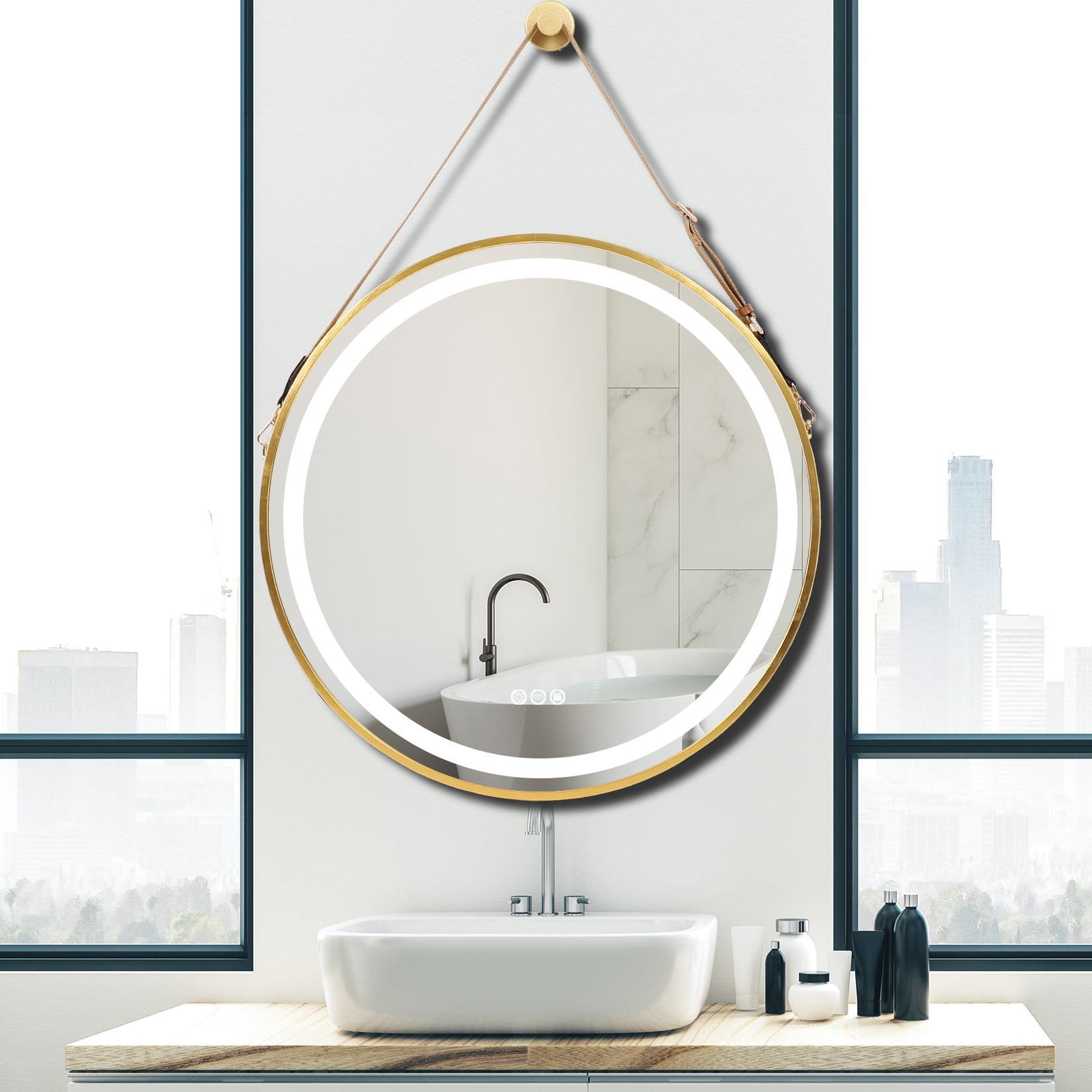 Illuminated Bathroom Mirror with Hanging Rope - Touch Control, Color-changing
