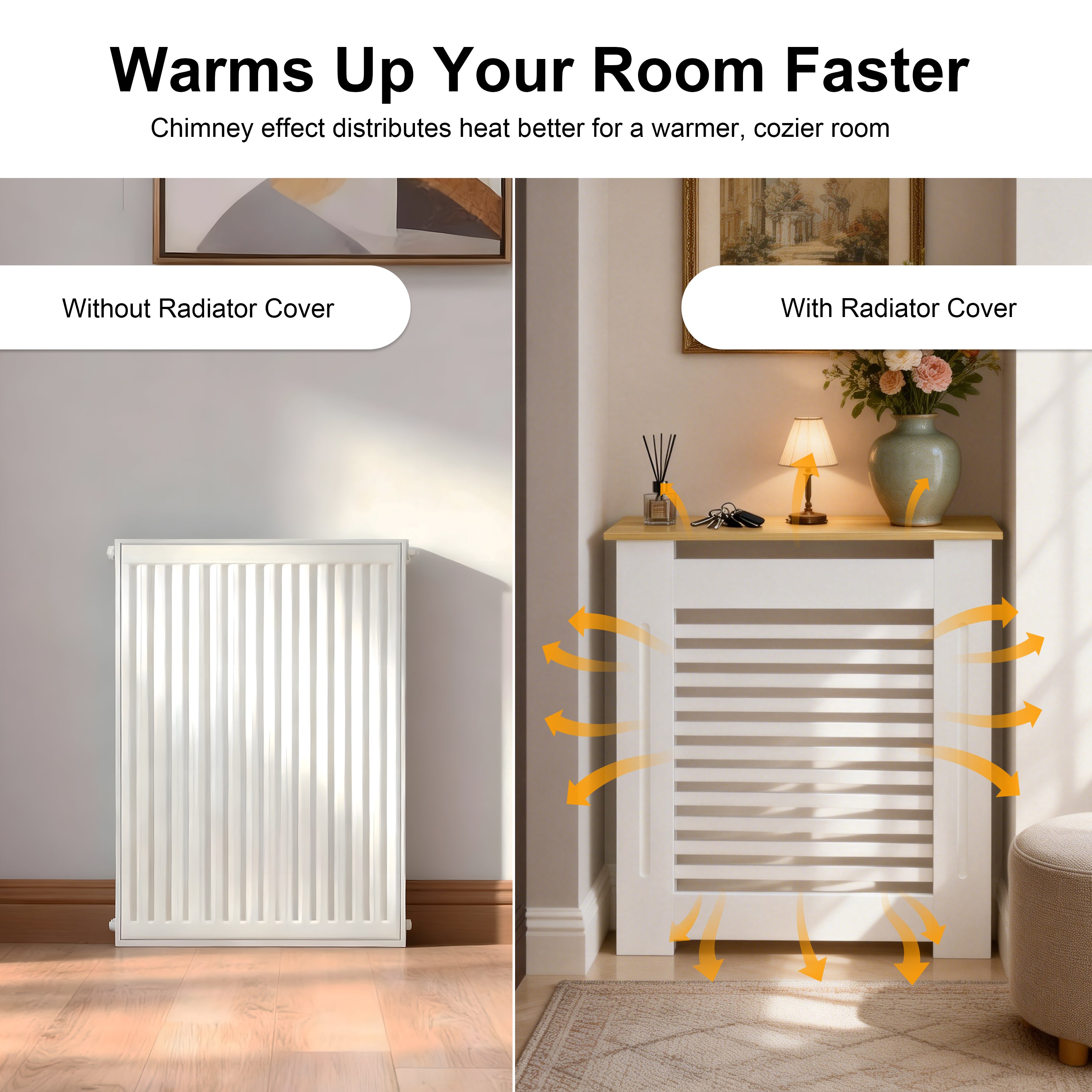 FATIVO Radiator Cover: Internal Height 90.5cm | Horizontal Slatted Radiator Cover with Natural Wood Texture Top, White MDF Wall Heater Cover for Old, Compact Radiators