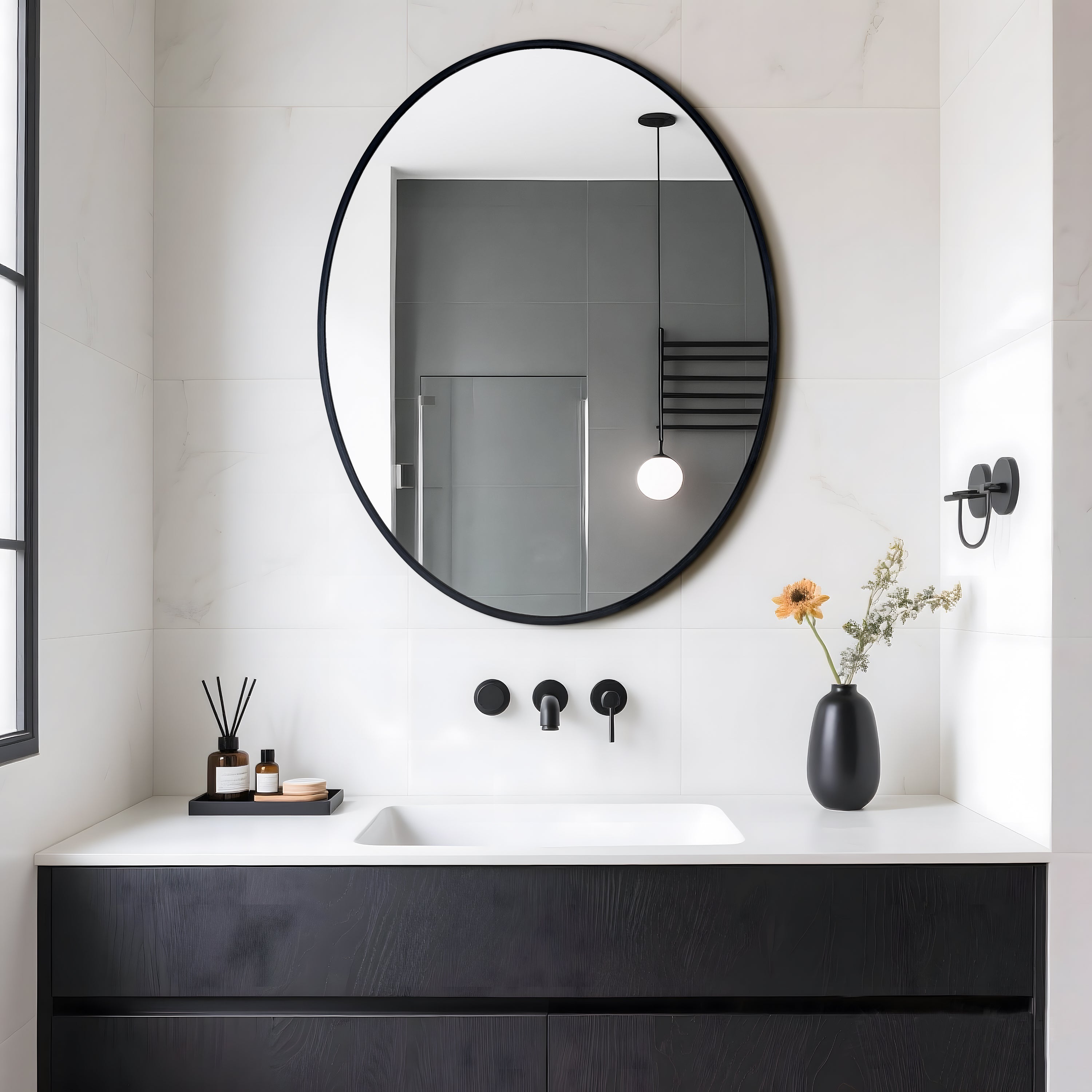 New Release Vertical Black Oval Wall Mirror Aluminum Frame Wall-mounted Hanging Mirror