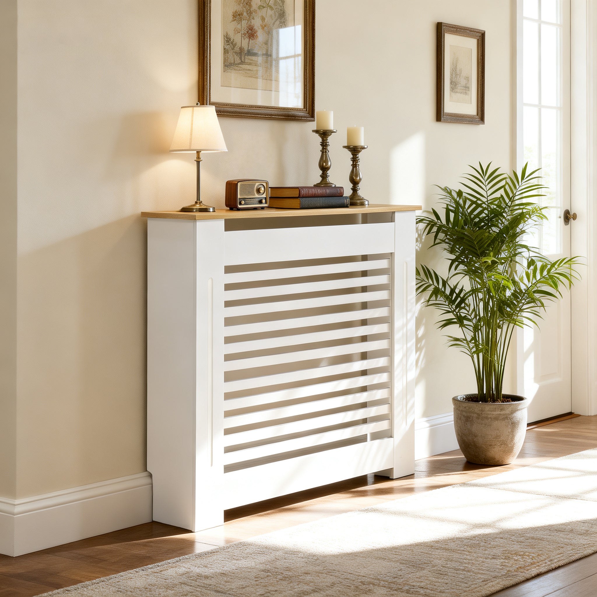 FATIVO Radiator Cover: Internal Height 90.5cm | Horizontal Slatted Radiator Cover with Natural Wood Texture Top, White MDF Wall Heater Cover for Old, Compact Radiators