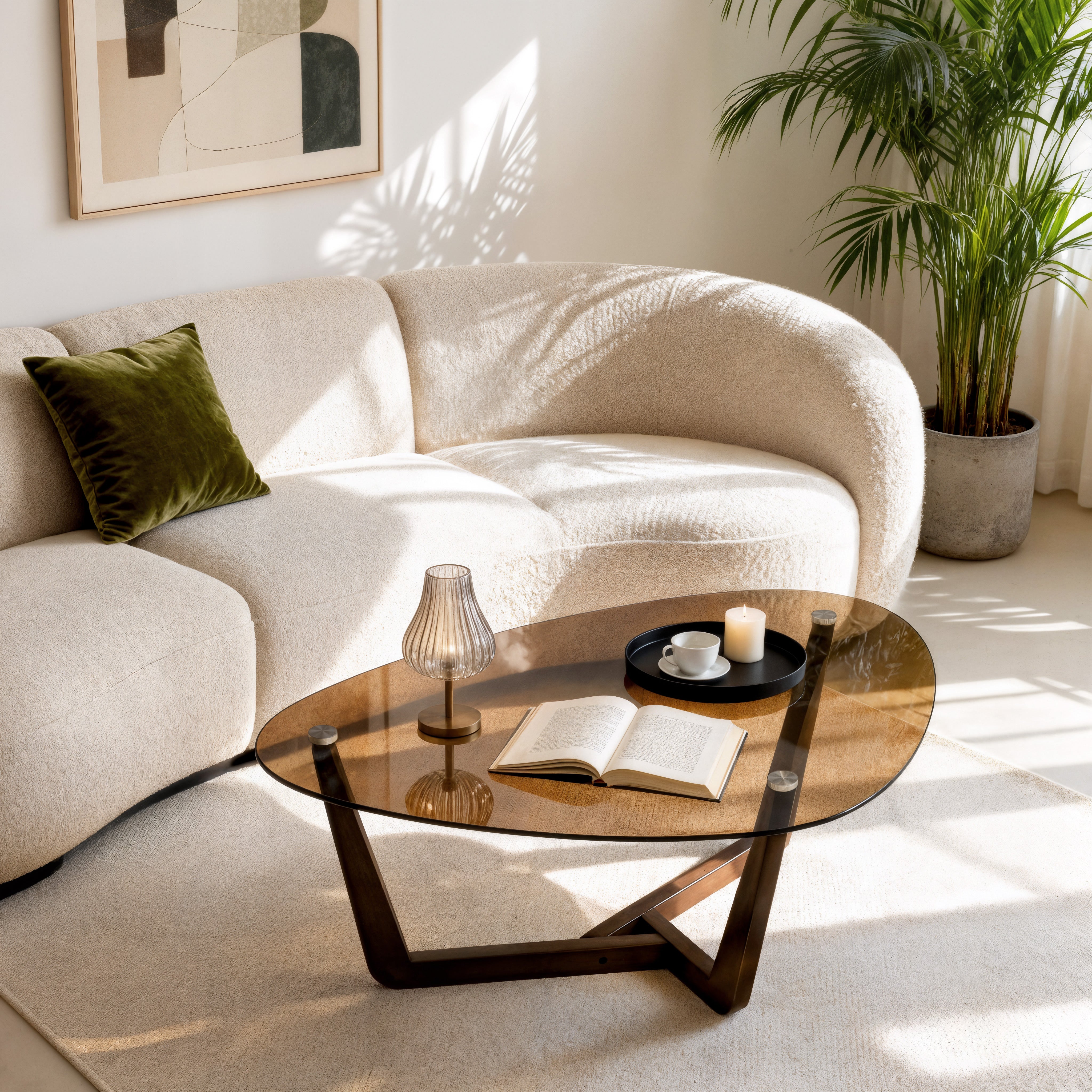 Organic Triangle Glass Center Coffee Table for Living Room, with Amber-Tinted Tempered Glass Tabletop Rubber Wooden Frame