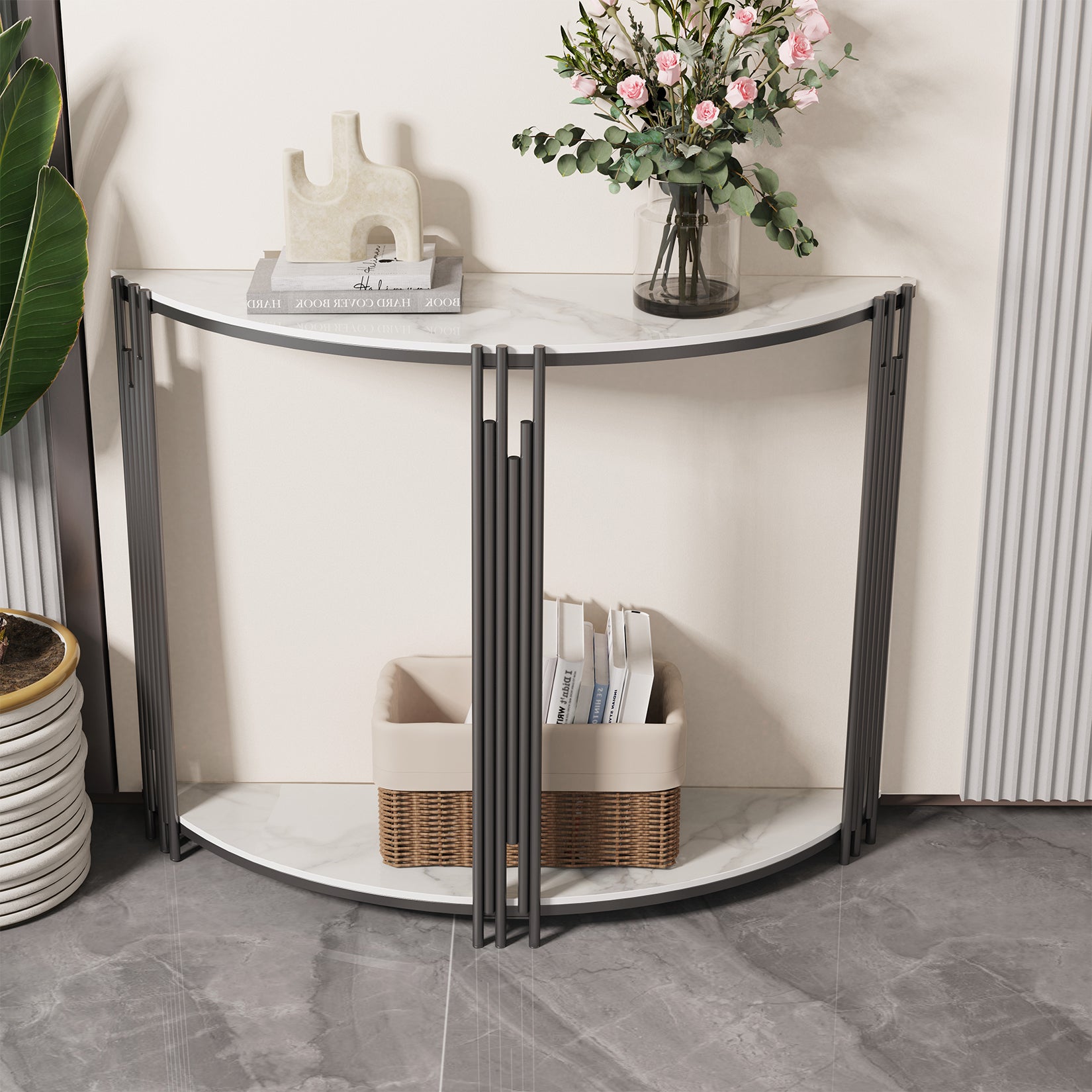 Half Moon Console Table with Open Shelf Sintered Stone-top Living Room Hallway Storage Table