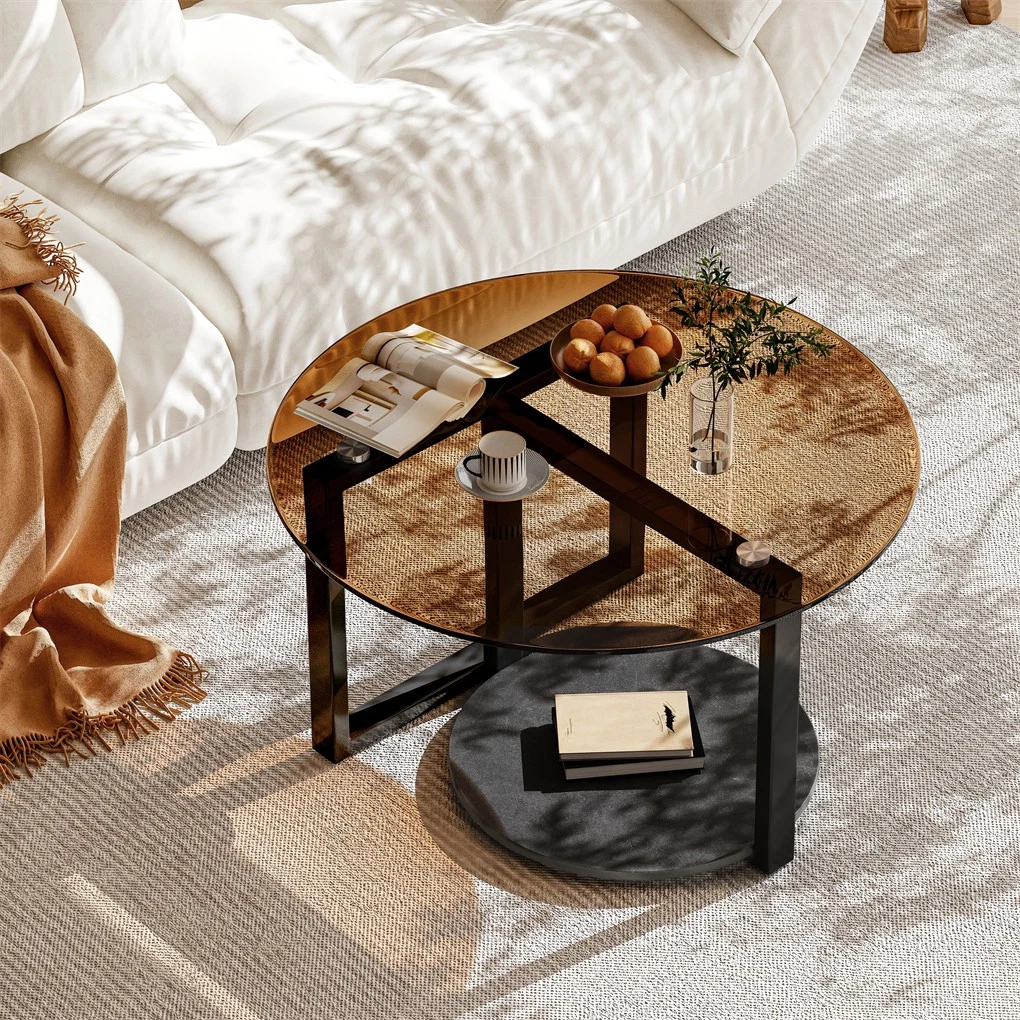 Modern Round Coffee Table Circle Amber-Tinted Tempered Glass Cocktail Table with 2-Tier