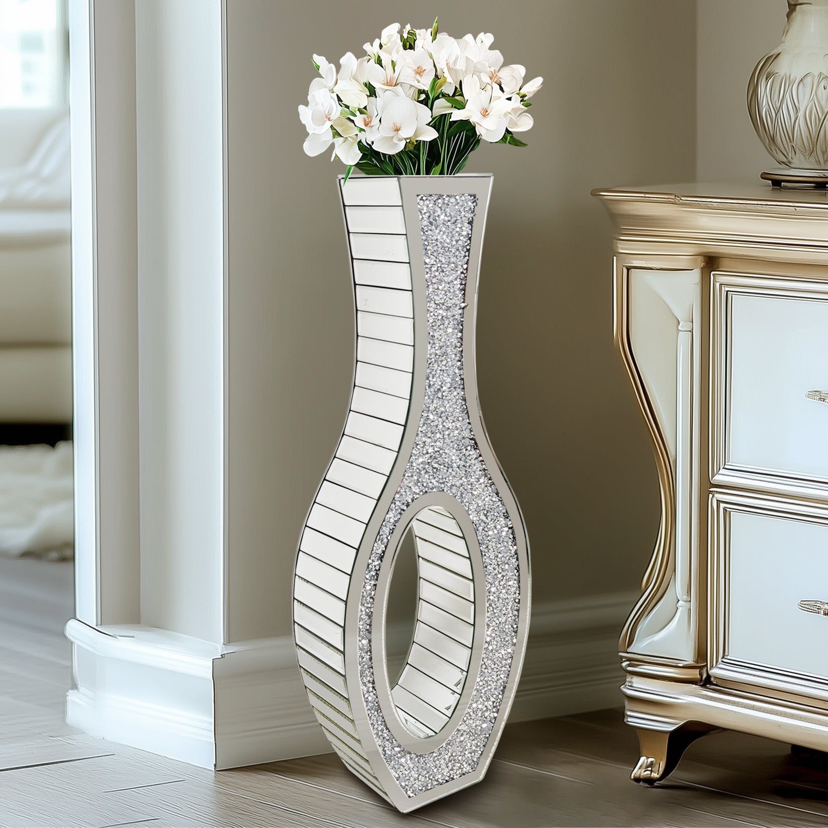 Crushed Diamond Floor Vase: Silver Mirror Vase Geometric Bling Floor-Standing Luxury Home Decor