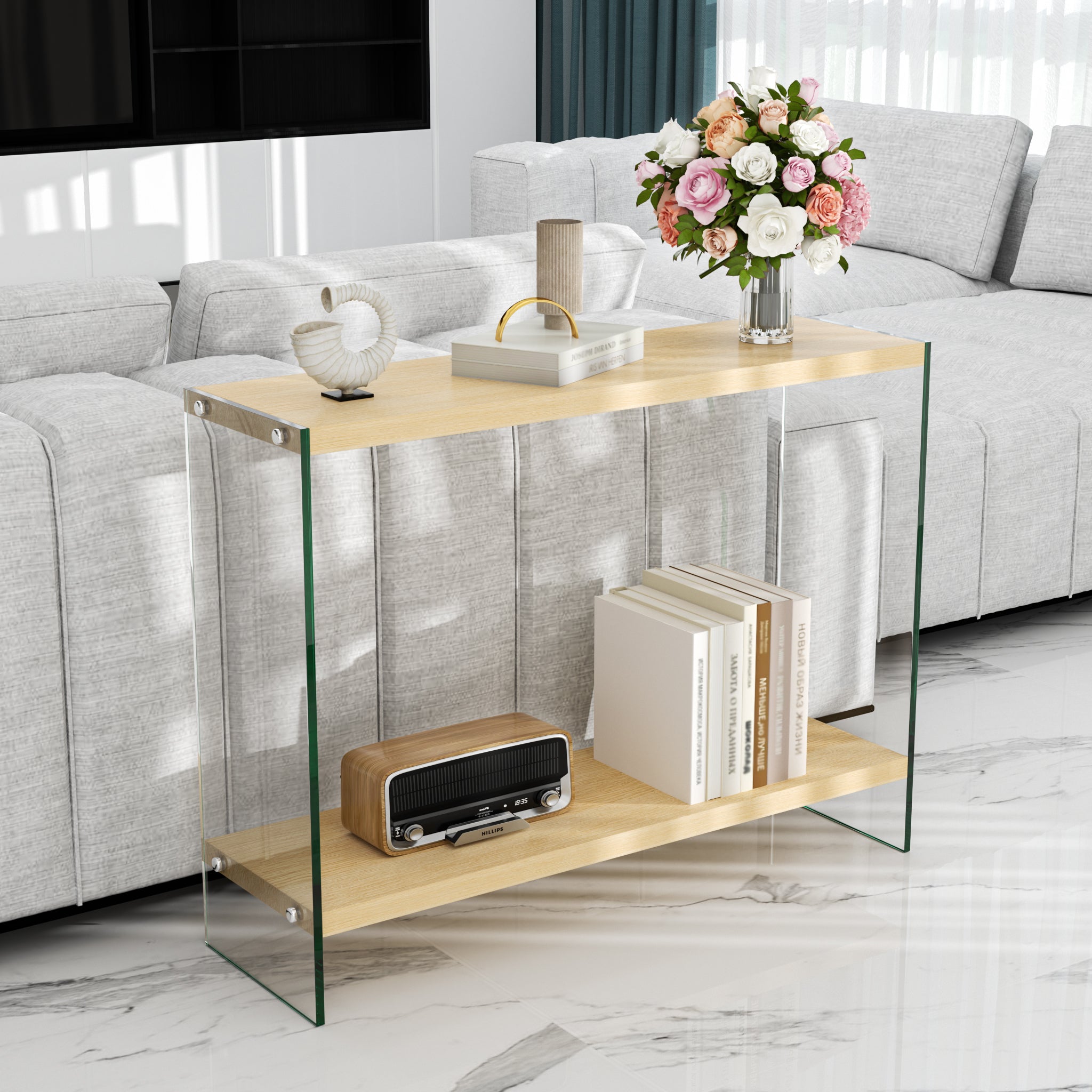 Rectangular Console Table Wood-finish MDF Sofa Side Storage Table Glass Frame