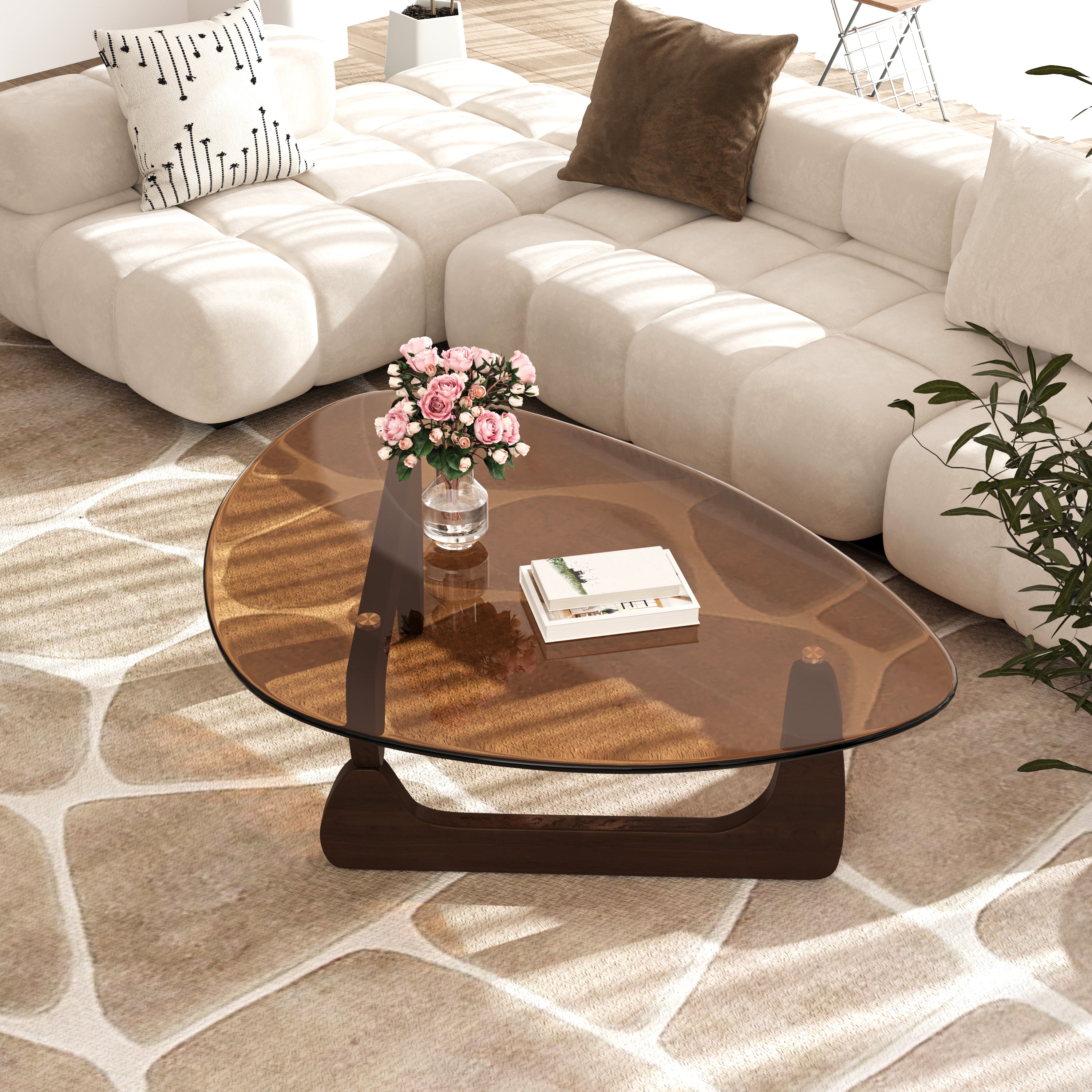 Triangular Glass Center Table Noguchi Coffee Table with Amber-tinted Tempered Glass Top