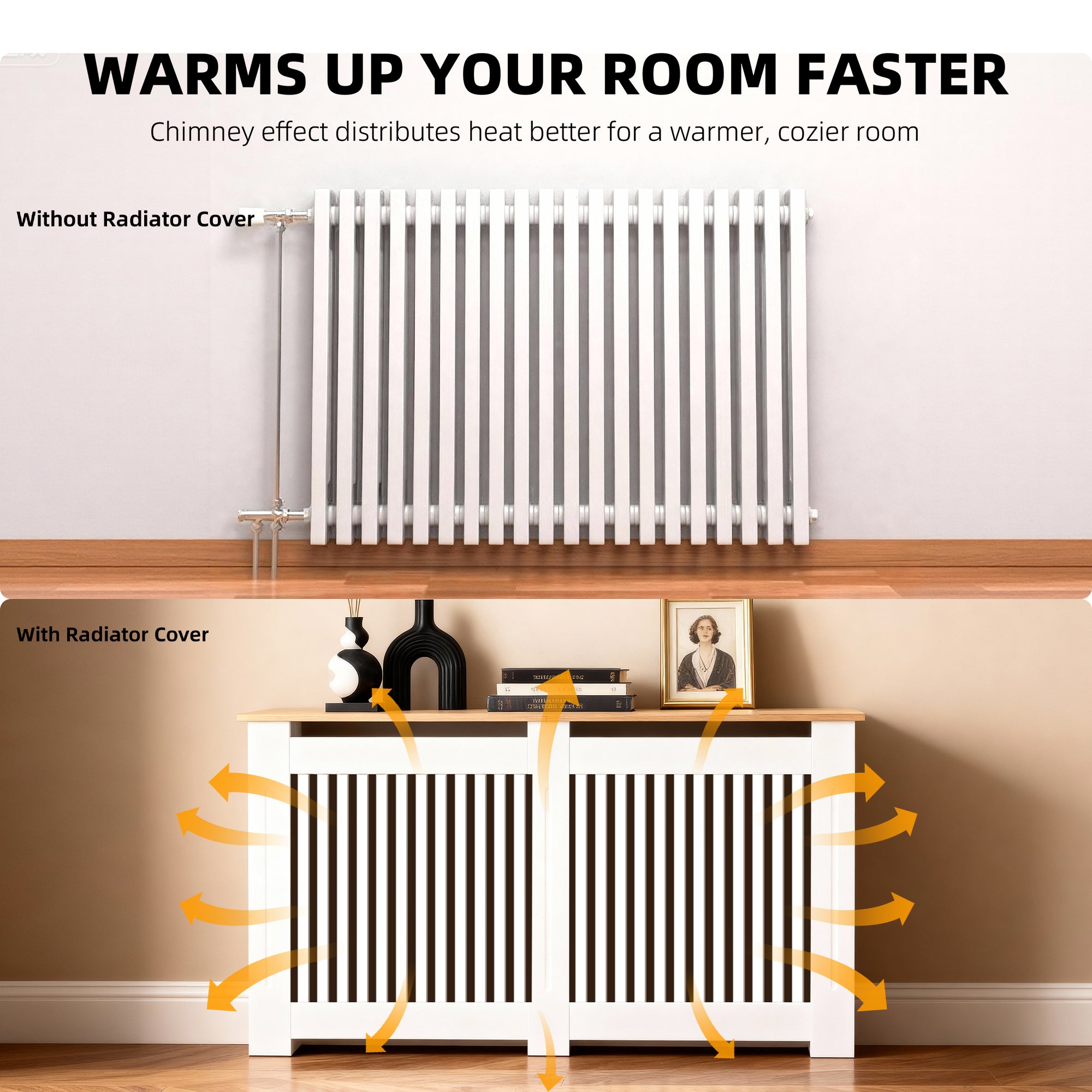 FATIVO Radiator Cover | Intenal Height 90.5cm | Vertical Slatted White Radiator Cover w/ Wood-grain Top, MDF Heater Cover