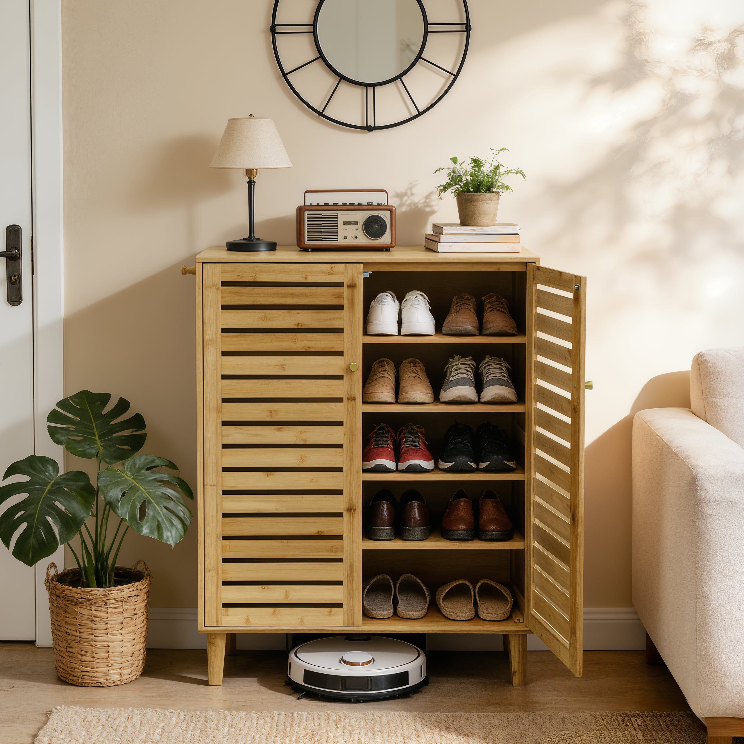 2/3 Doors Bamboo Shoes Storage Cabinet with Slatted Doors & Shelves for Entryway, Hallway