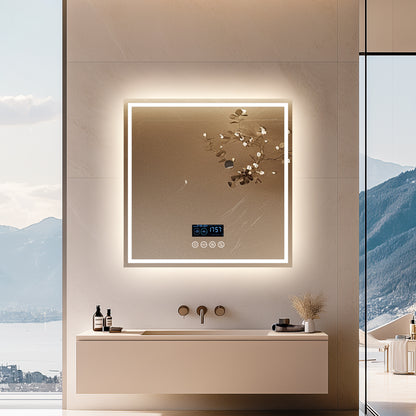 Square LED Bathroom Mirror with Bluetooth Speaker, Double Led Strips