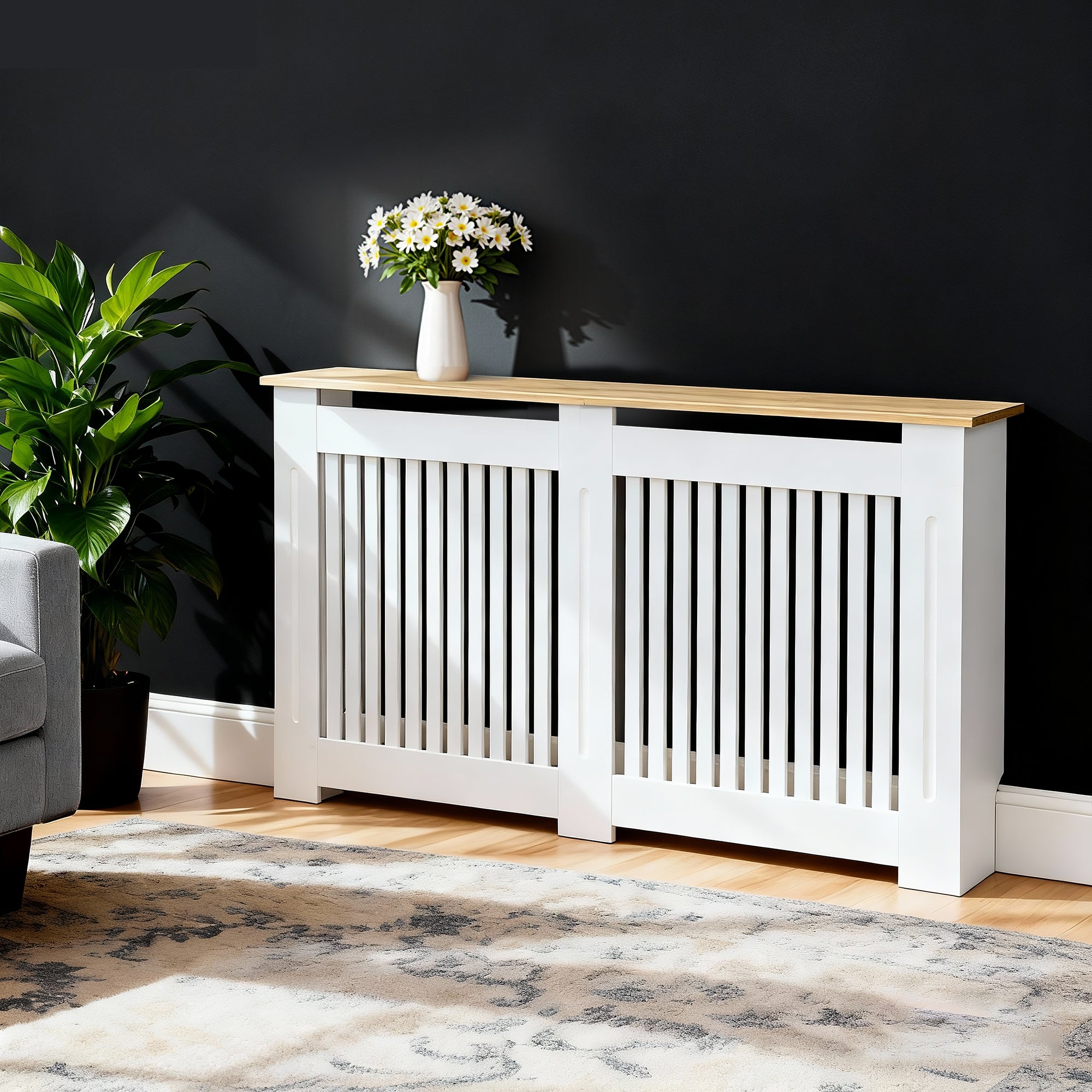 FATIVO Radiator Cover | Intenal Height 90.5cm | Vertical Slatted White Radiator Cover w/ Wood-grain Top, MDF Heater Cover