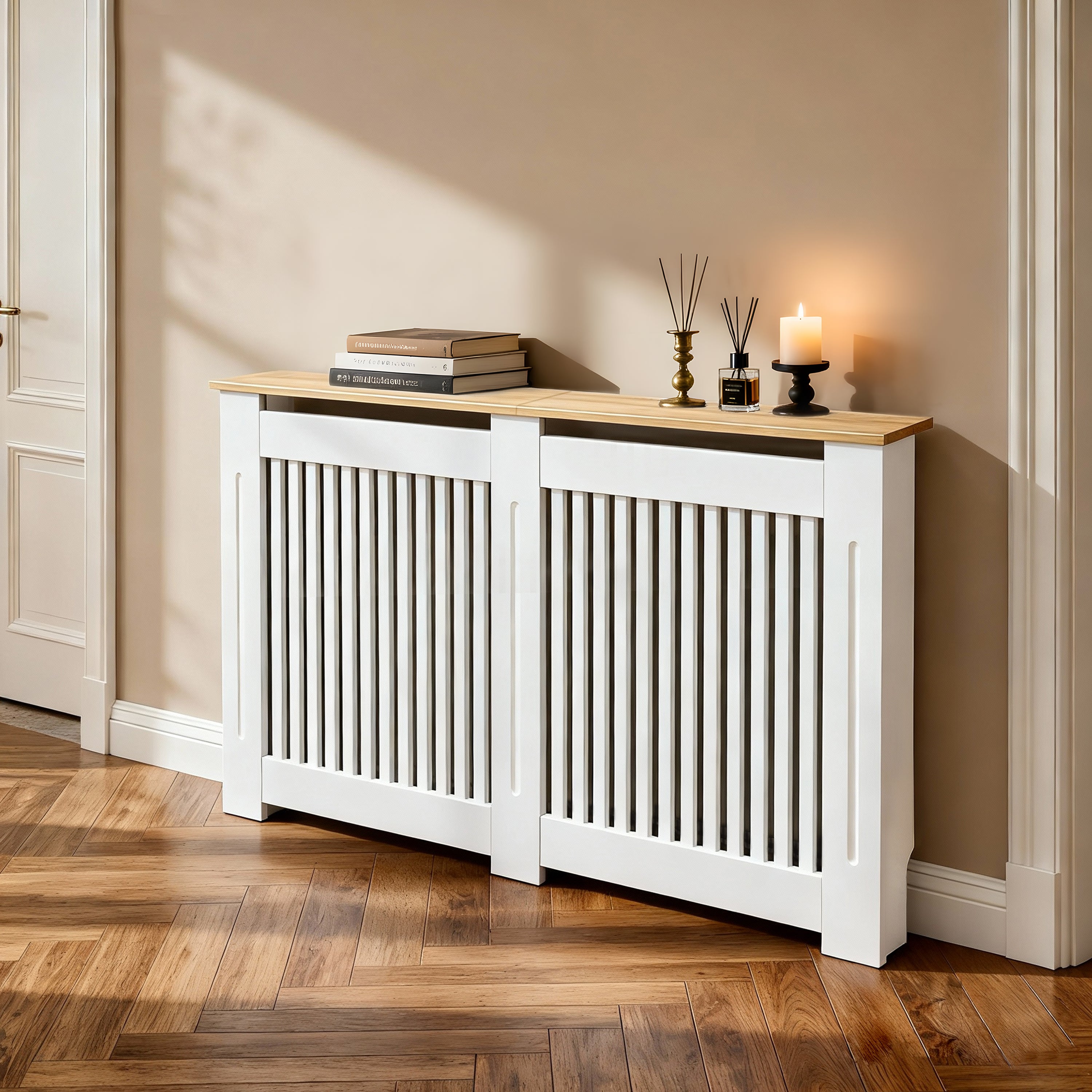 FATIVO Radiator Cover | Intenal Height 90.5cm | Vertical Slatted White Radiator Cover w/ Wood-grain Top, MDF Heater Cover