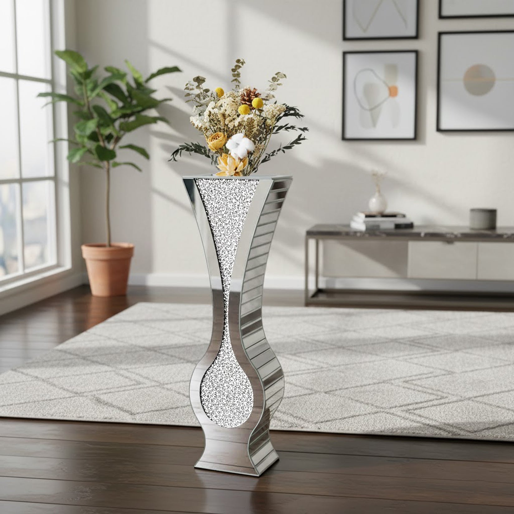 Silver 27” Tall Mirrored Vase Crushed Diamond Floor Vase Pampas Faux Flower Vase
