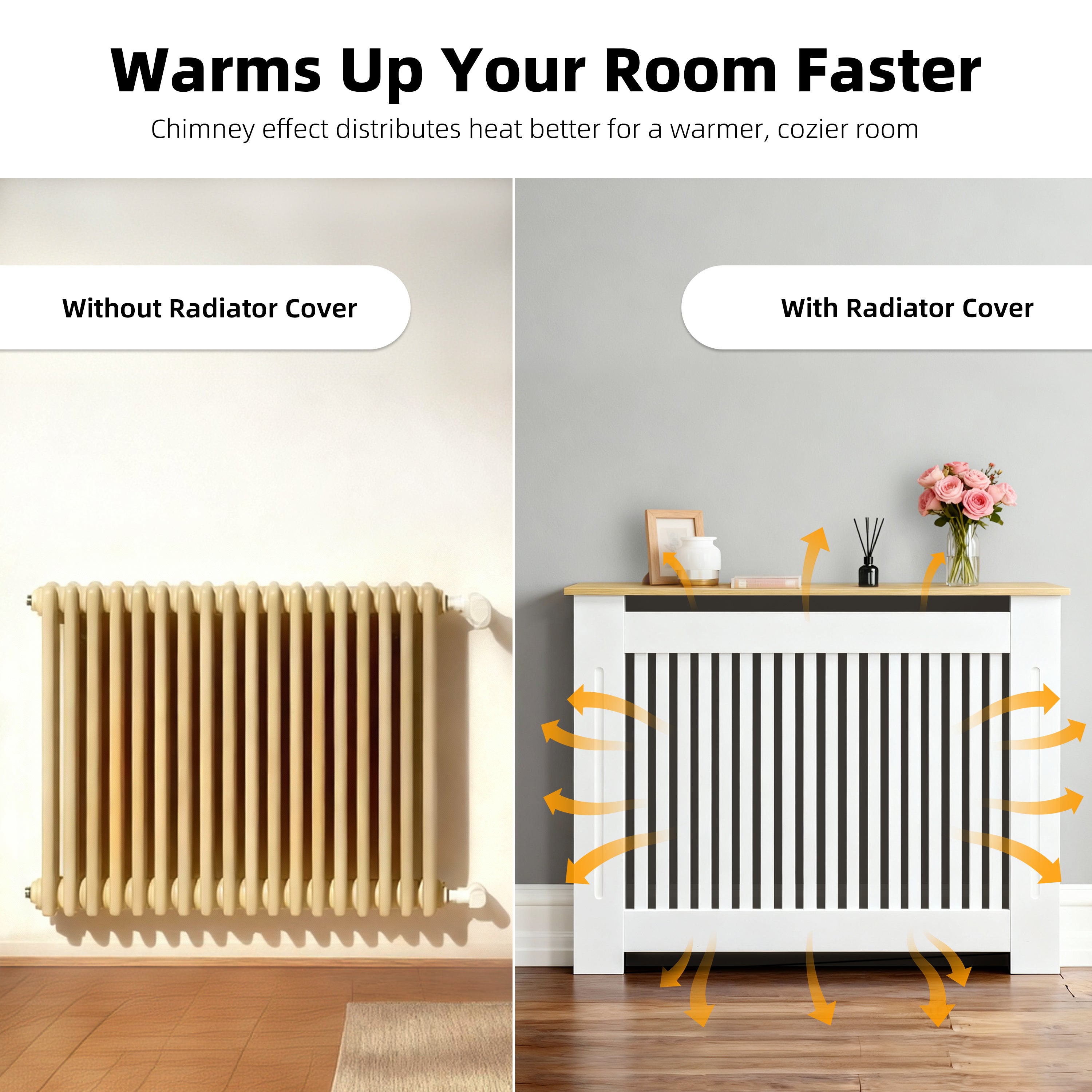 FATIVO Radiator Cover | Intenal Height 90.5cm | Vertical Slatted White Radiator Cover w/ Wood-grain Top, MDF Heater Cover
