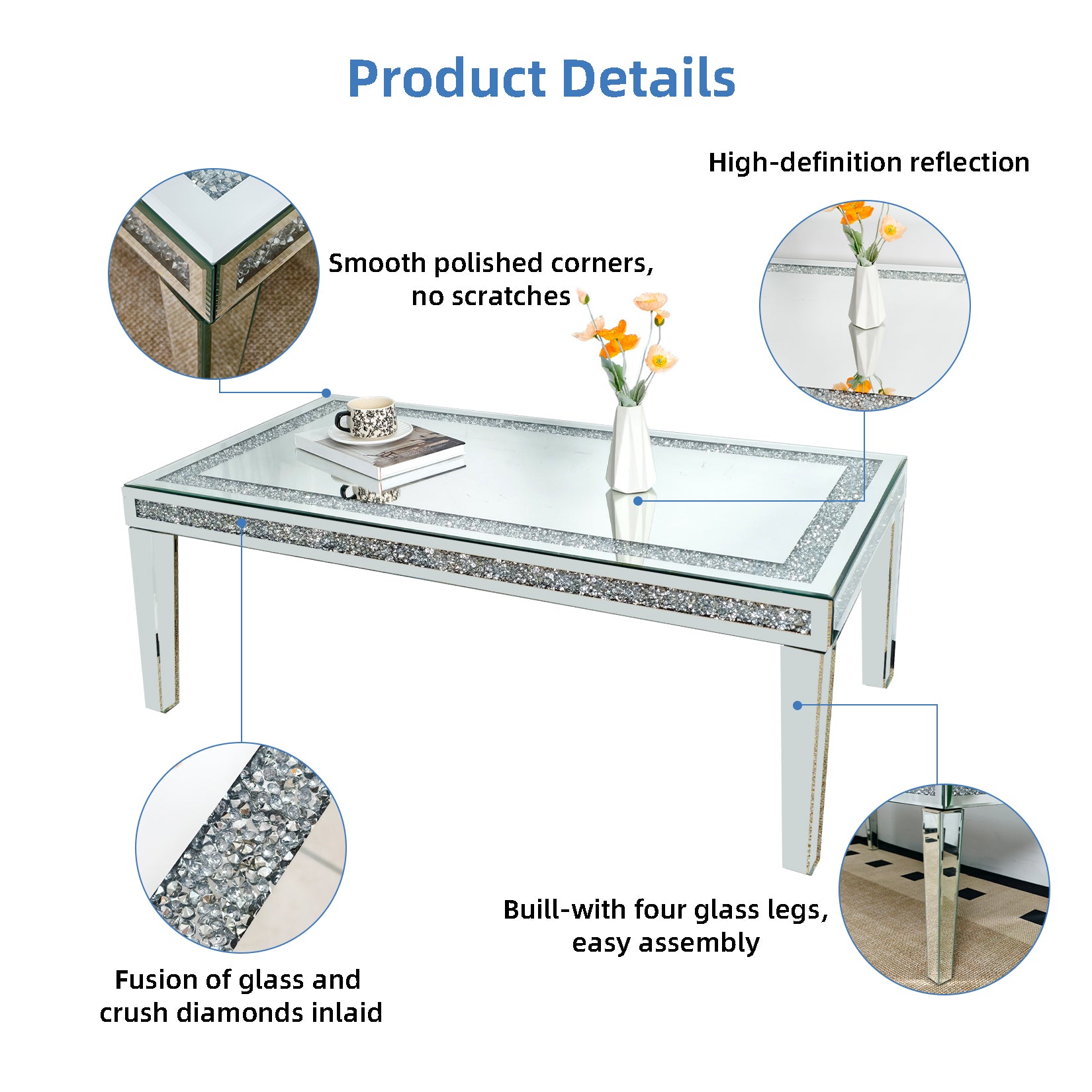 Rectangular Mirrored Coffee Table: Luxury Crushed Diamond Coffee Table Silver Mirrored Finish