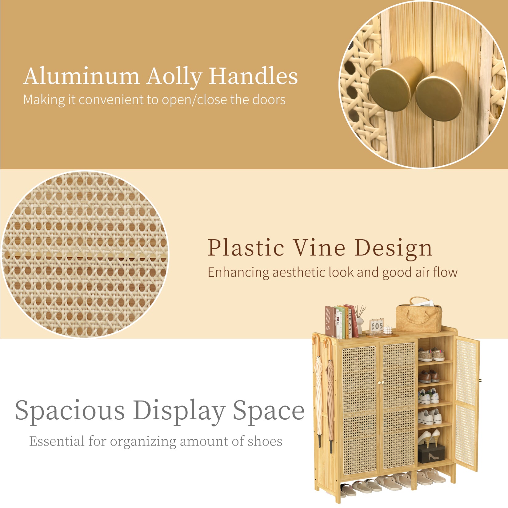 Bamboo Shoe Cabinet: 6 Tier Shelves Shoe Storage Cabinet with Hollow Doors Shoe Rack for Entryway