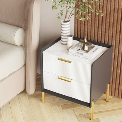 Fully Assembled Modern Nightstand with 2 Drawers Bedroom Nightstand in Sintered Stone Top