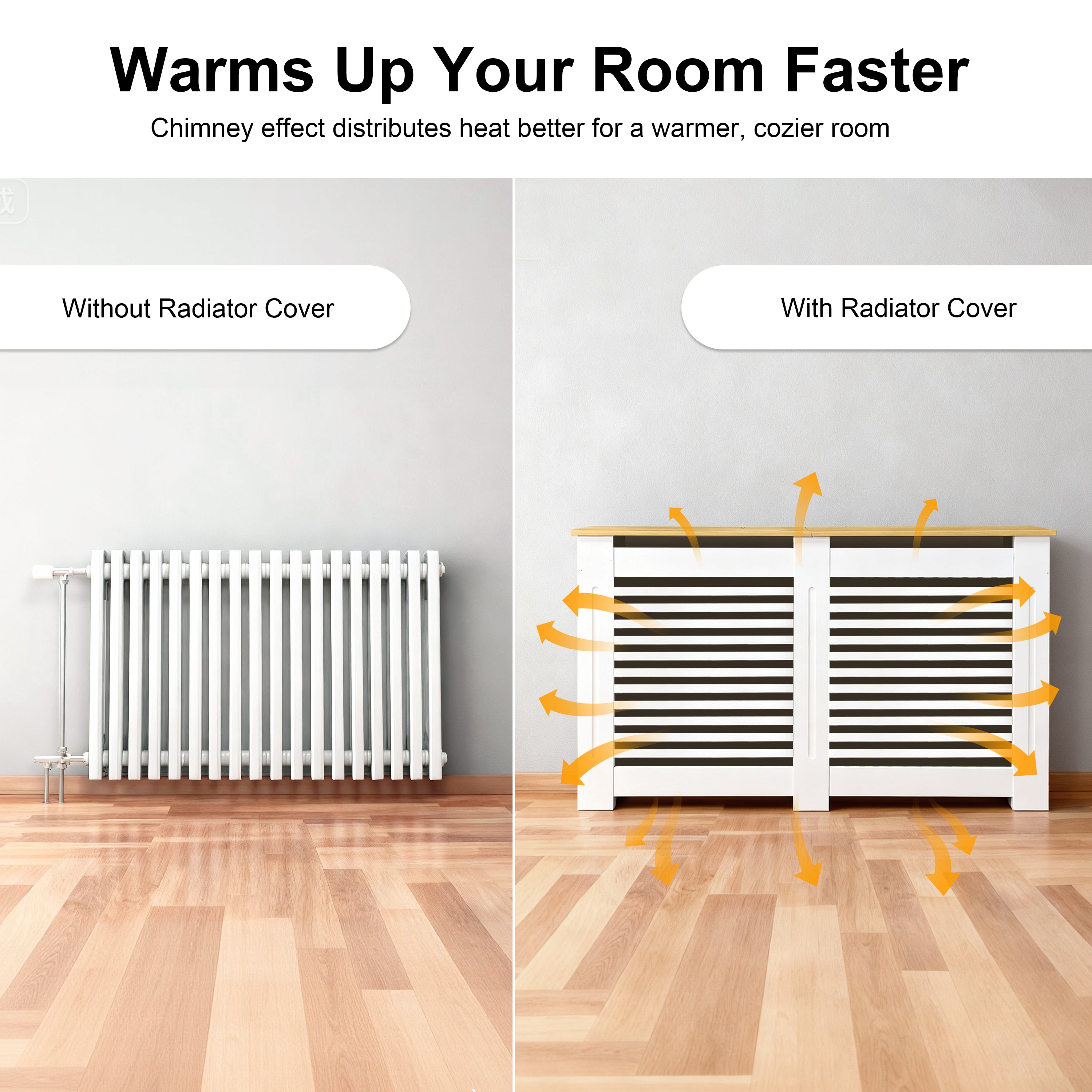 FATIVO Radiator Cover: Internal Height 90.5cm | Horizontal Slatted Radiator Cover with Natural Wood Texture Top, White MDF Wall Heater Cover for Old, Compact Radiators