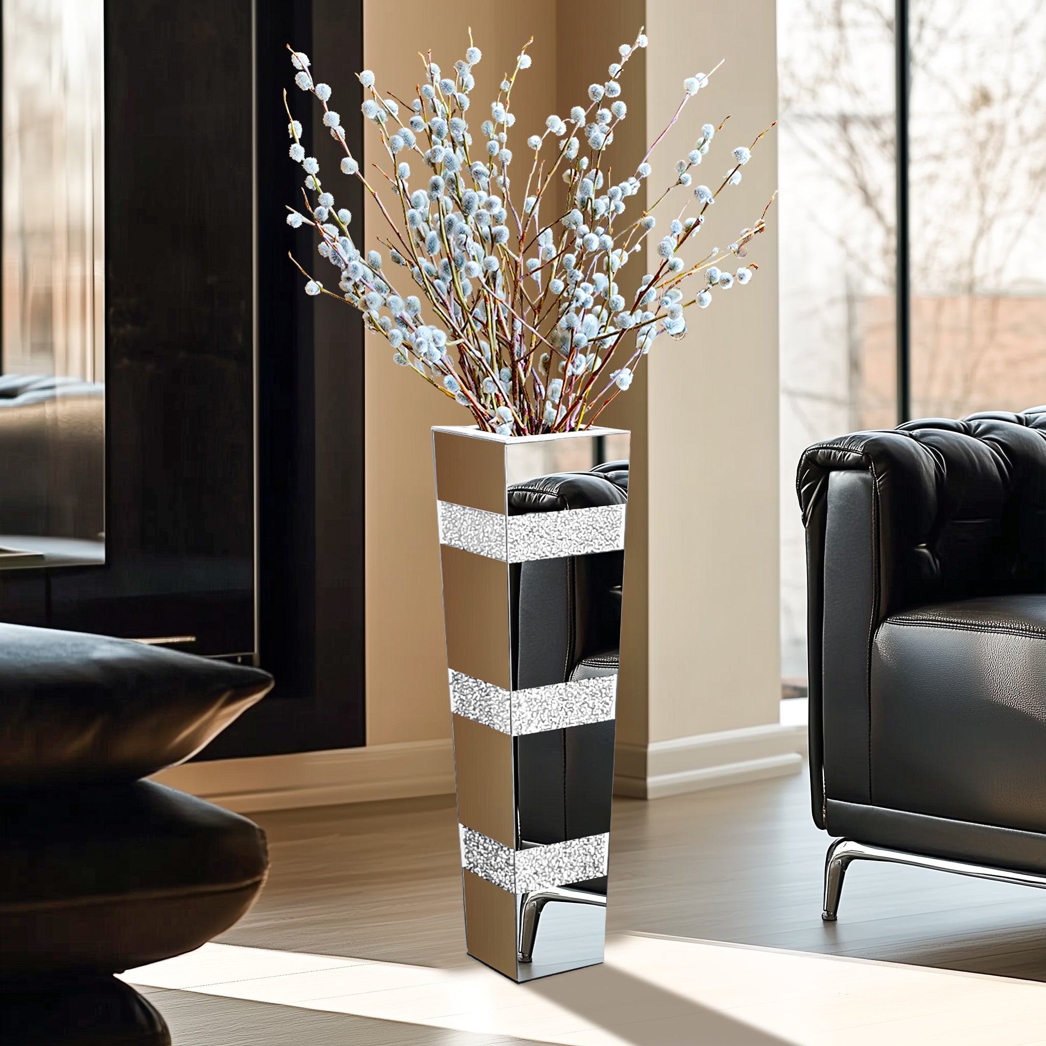 Decorative Mirrored Flower Vase Table Vase with Crushed Diamonds Luxury Silver Decor