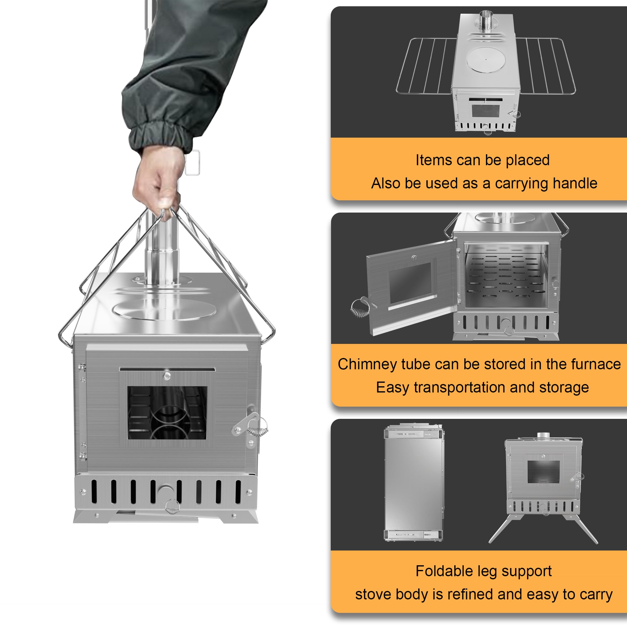Outdoor Camping Tent Wood Burner Stove Fire Pit with 7 Chimney Pipes