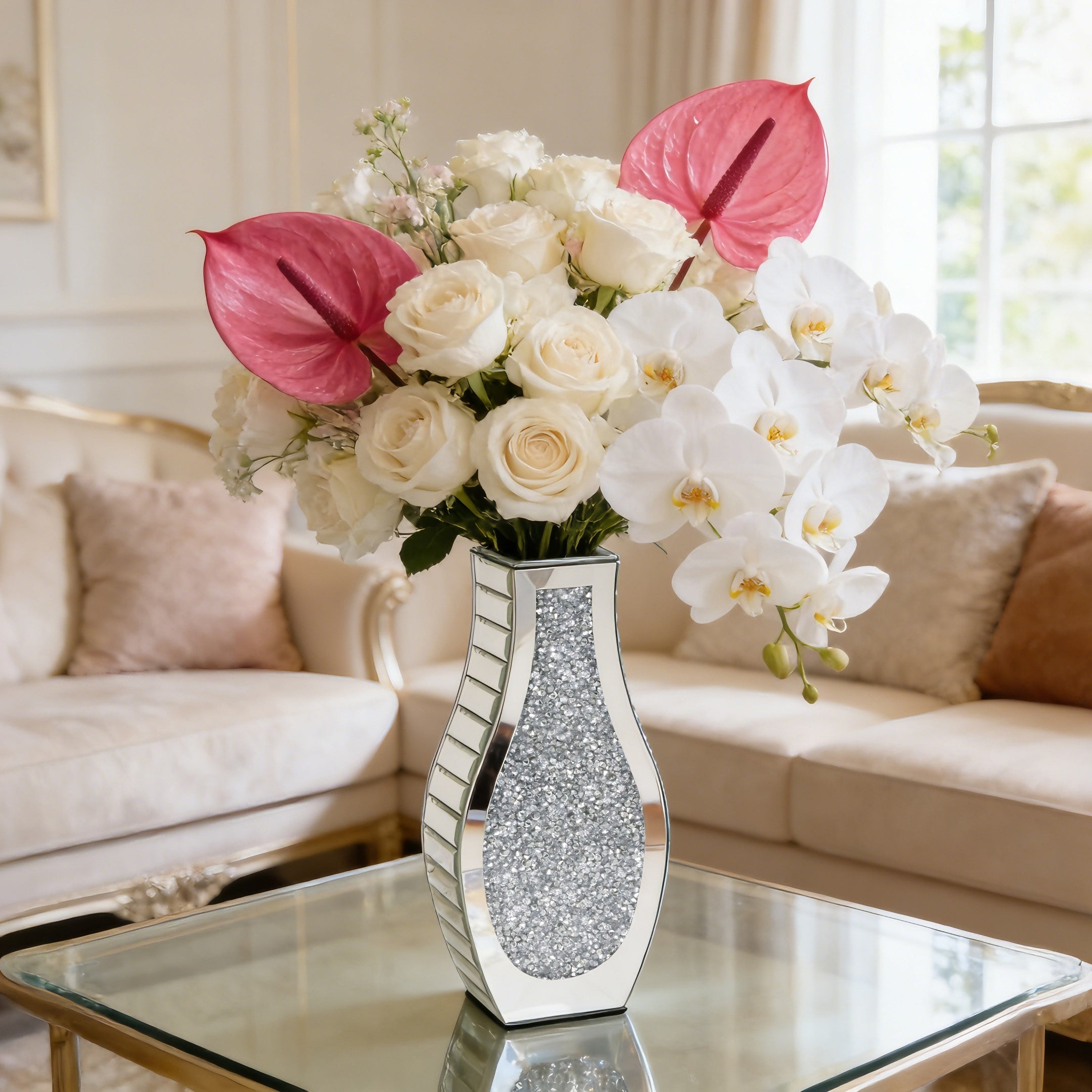Silver Crushed Diamond Table Flower Vase for Dried Flowers Mirrored Table Centerpiece