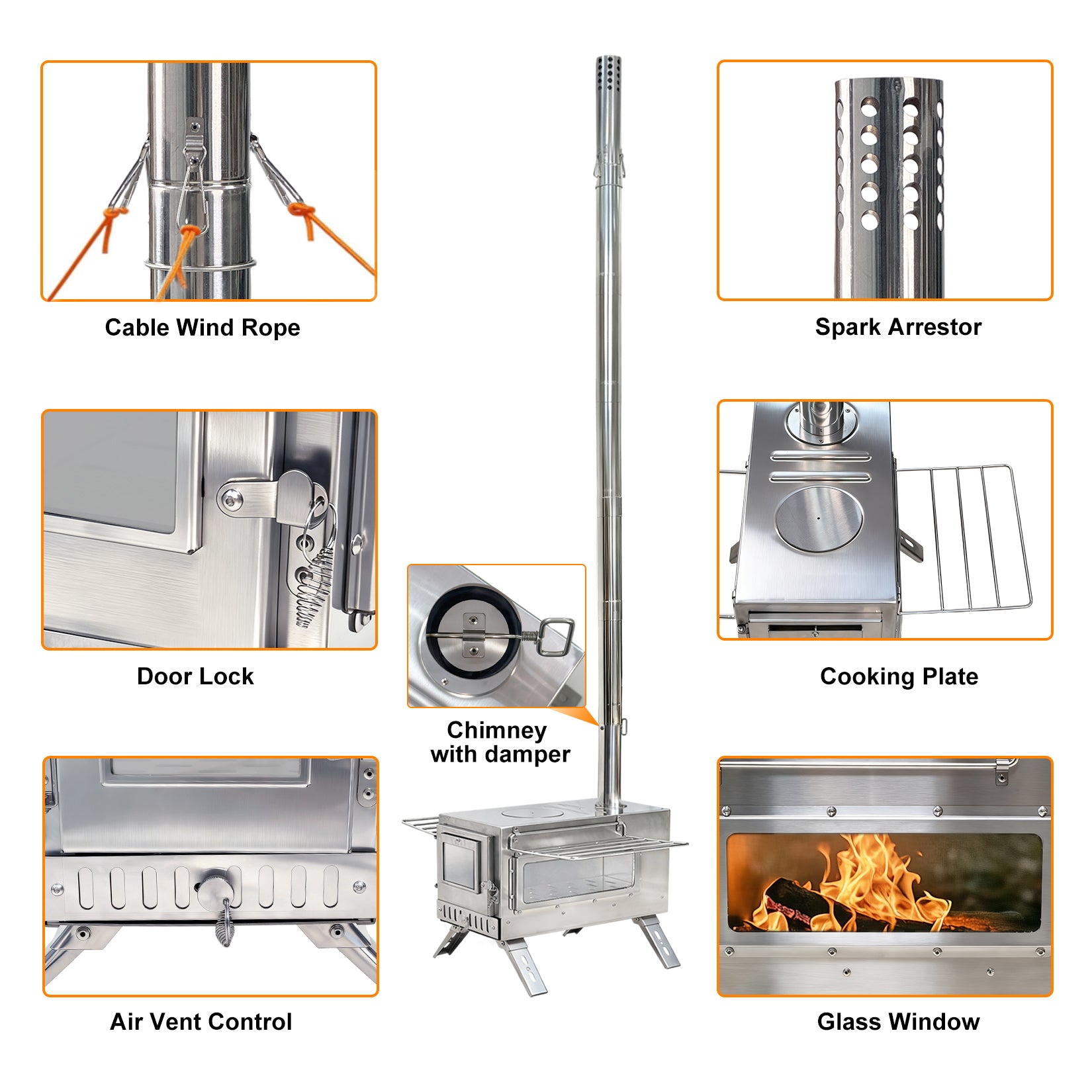 Outdoor Camping Tent Wood Burner Stove Fire Pit with 7 Chimney Pipes