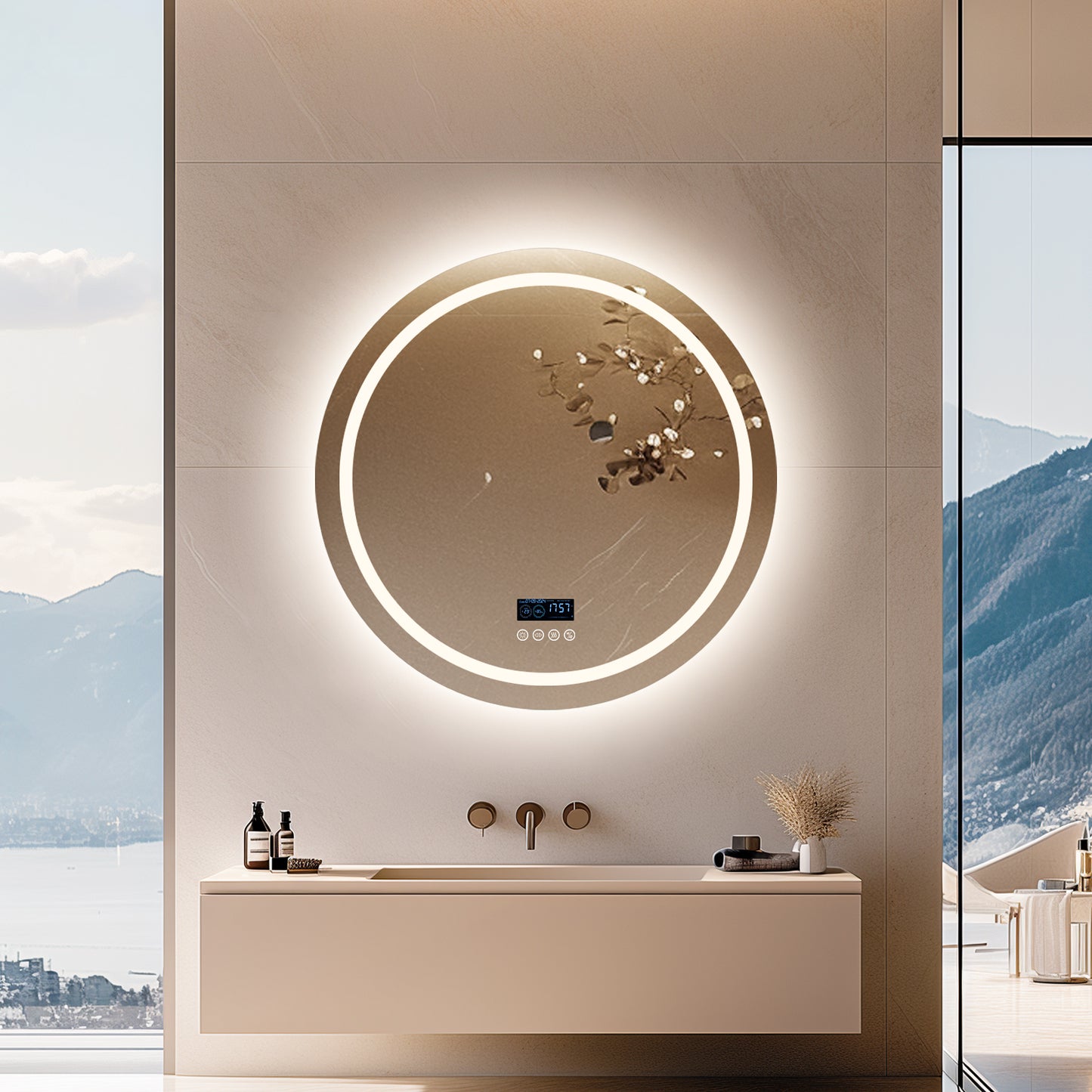 32" Round Lighted Bathroom Mirror with Bluetooth Speaker, Front-lit Backlit