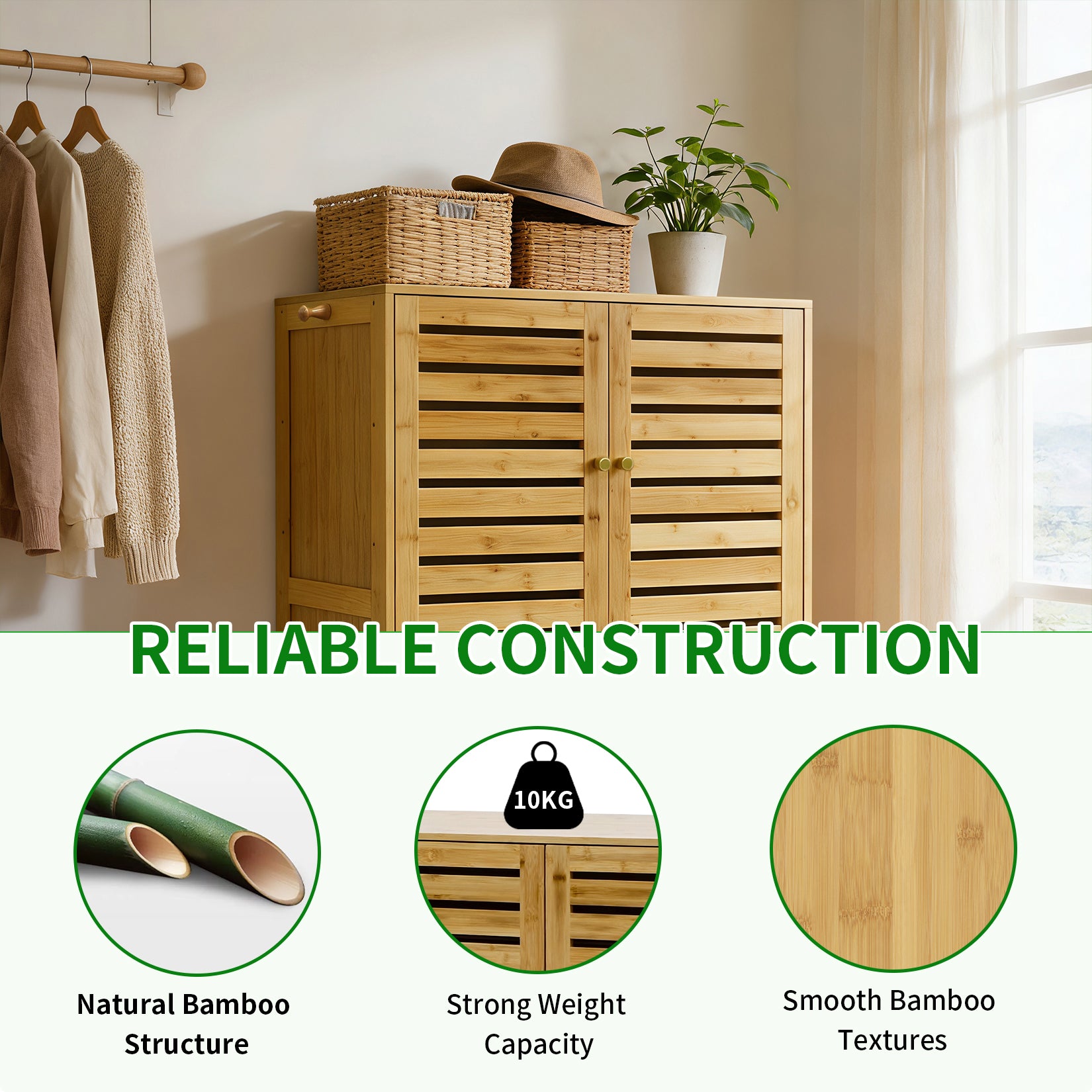 2/3 Doors Bamboo Shoes Storage Cabinet with Slatted Doors & Shelves for Entryway, Hallway
