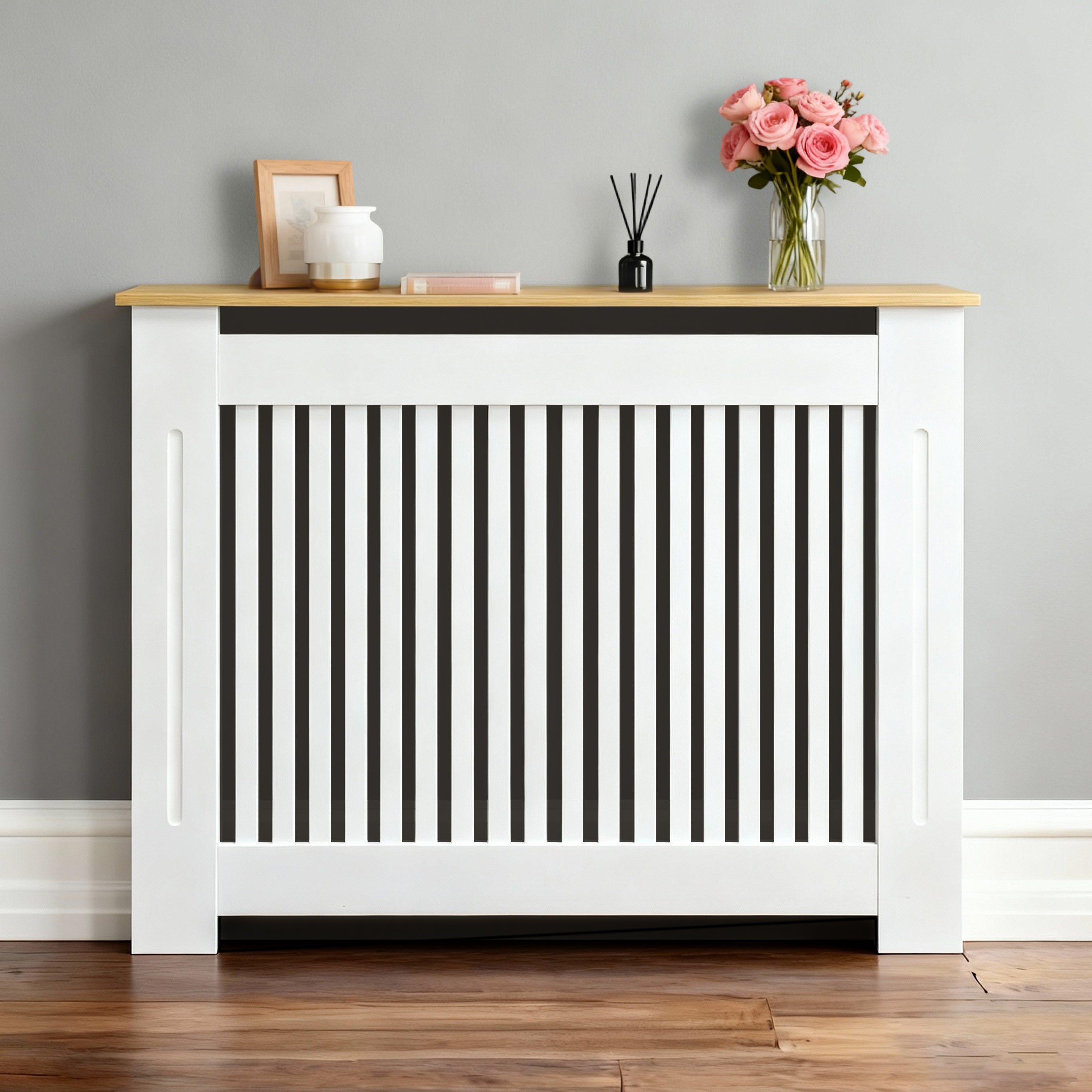 FATIVO Radiator Cover | Intenal Height 90.5cm | Vertical Slatted White Radiator Cover w/ Wood-grain Top, MDF Heater Cover