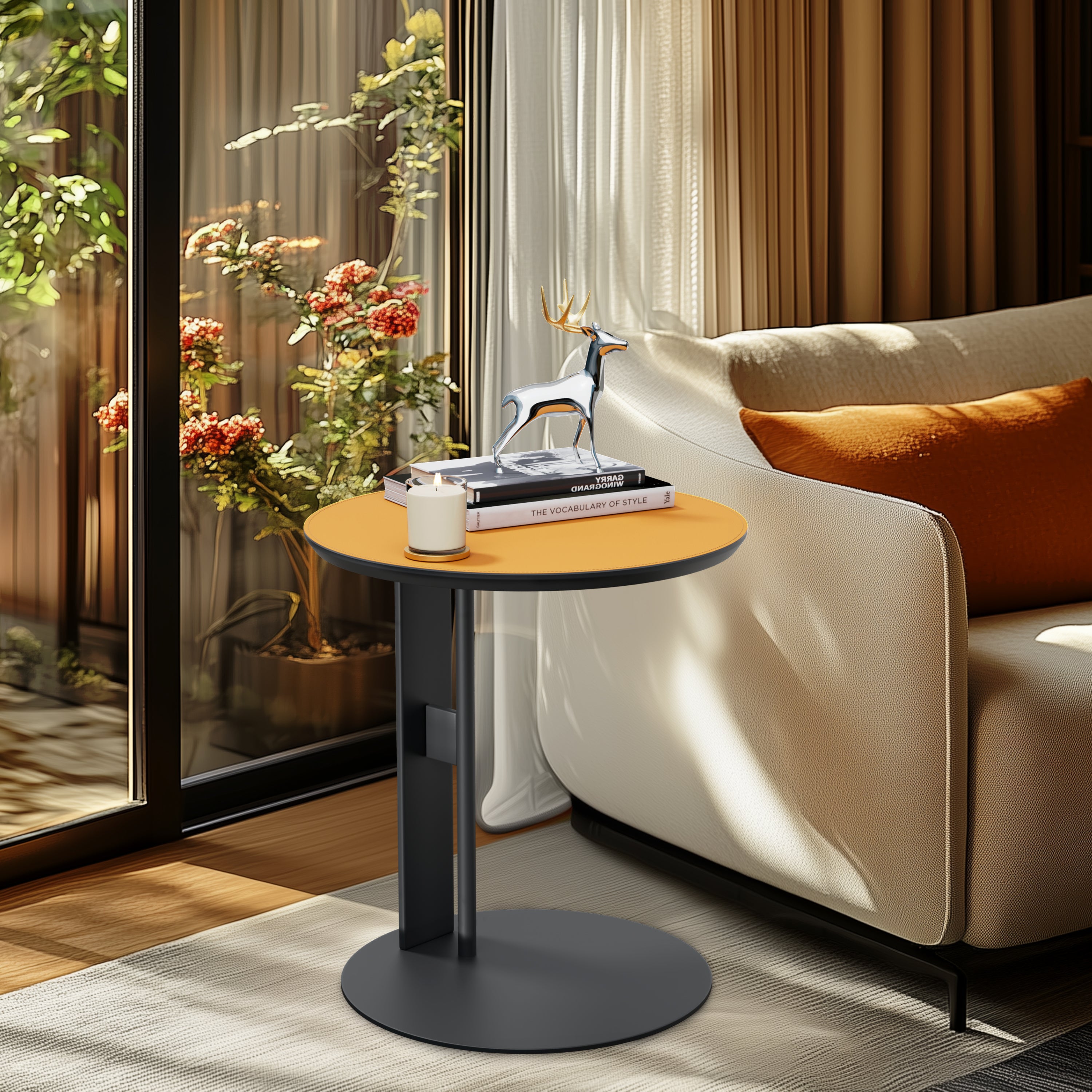 C-Shaped Side Table Display Table with Microfiber Saddle Leather Tabletop