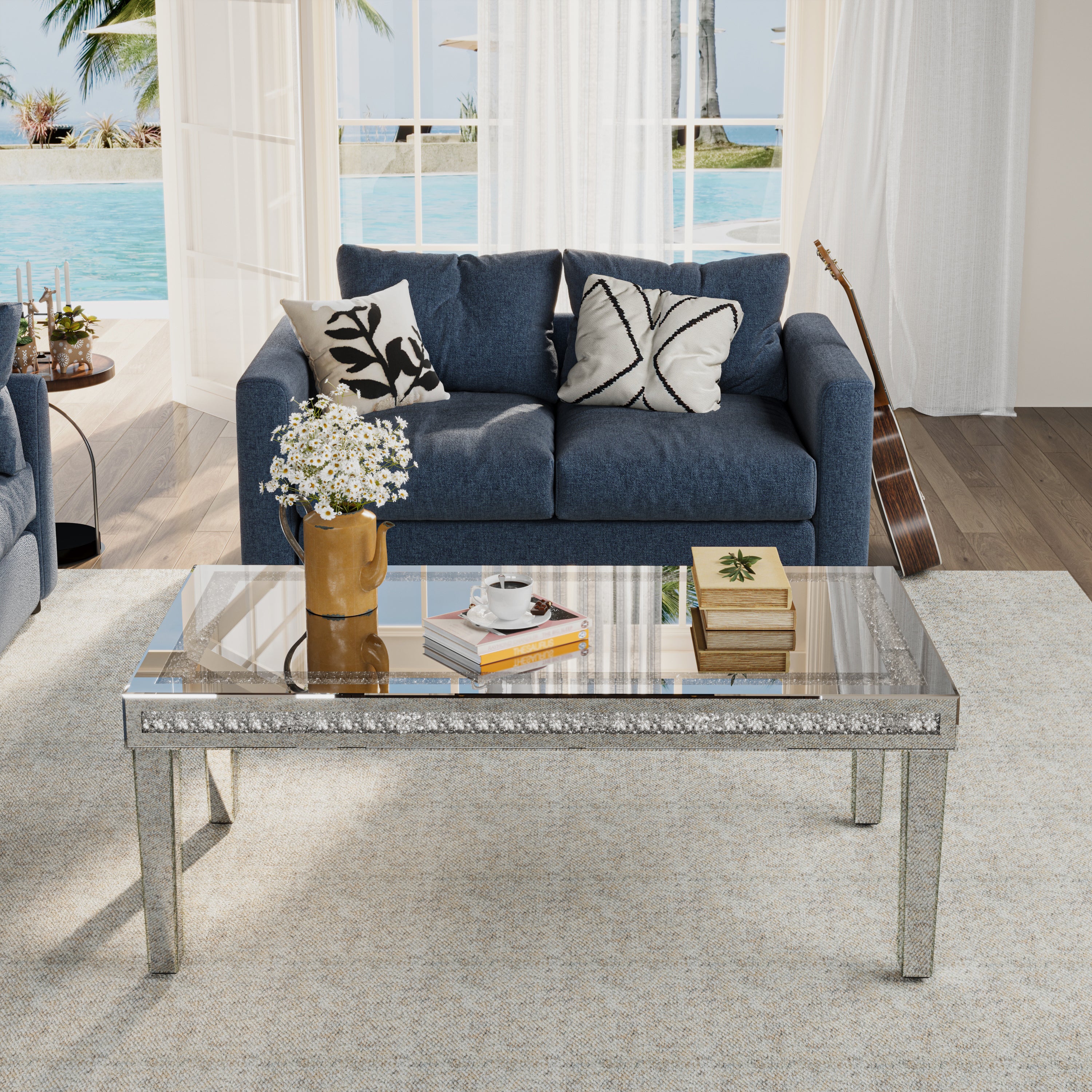 Rectangular Mirrored Coffee Table: Luxury Crushed Diamond Coffee Table Silver Mirrored Finish