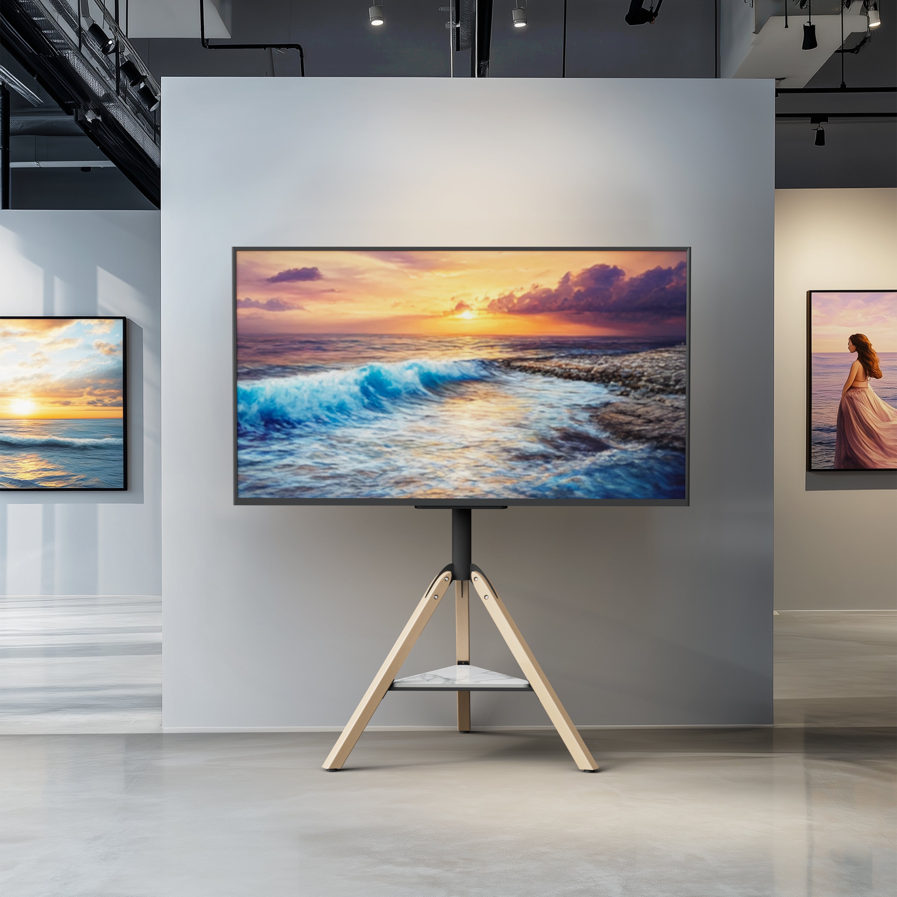 Mid Century TV Floor Stand for 40”-75” Corner Swivel TV Stand with Tripod Legs Height Adjustable