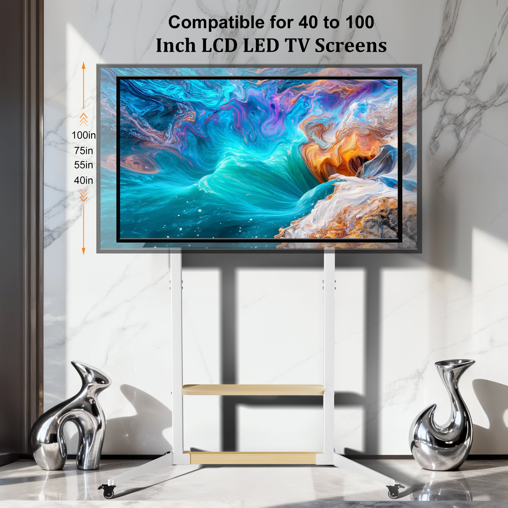 Mobile TV Floor Stand TV Cart 40”-100” TV Mount Stand Load 100KG with Wood Shelf