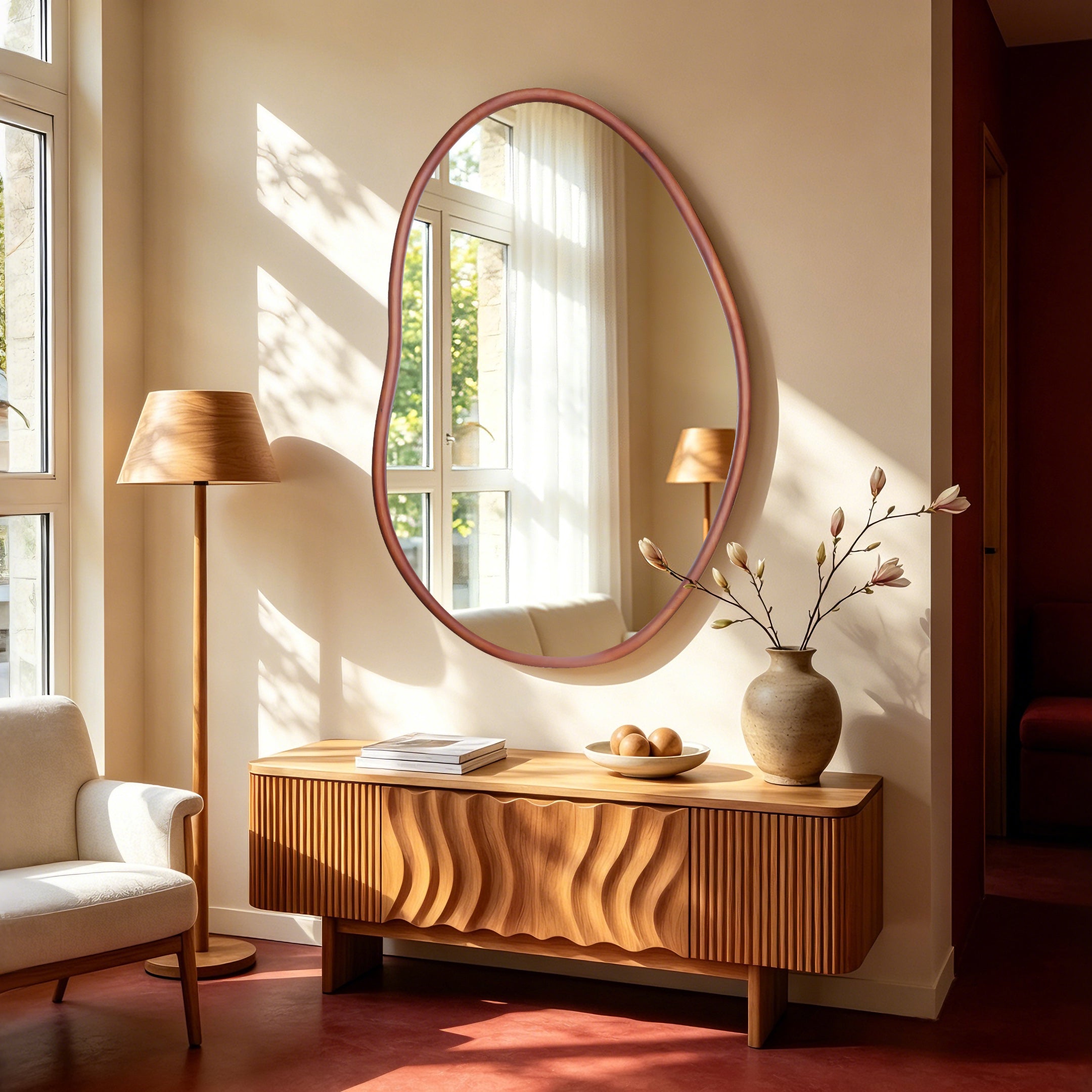 Irregular Wall Mirror: Abstract Asymmetrical Wood Frame Tempered Glass Wall Mirror, Entryway Accent Mirror, Horizontal Vertical Hanging