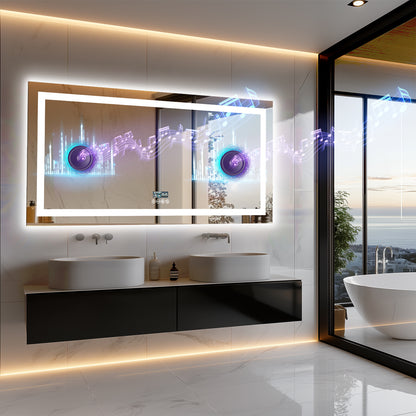 Long Rectangular LED Lighted Bathroom Mirror with Bluetooth Speaker