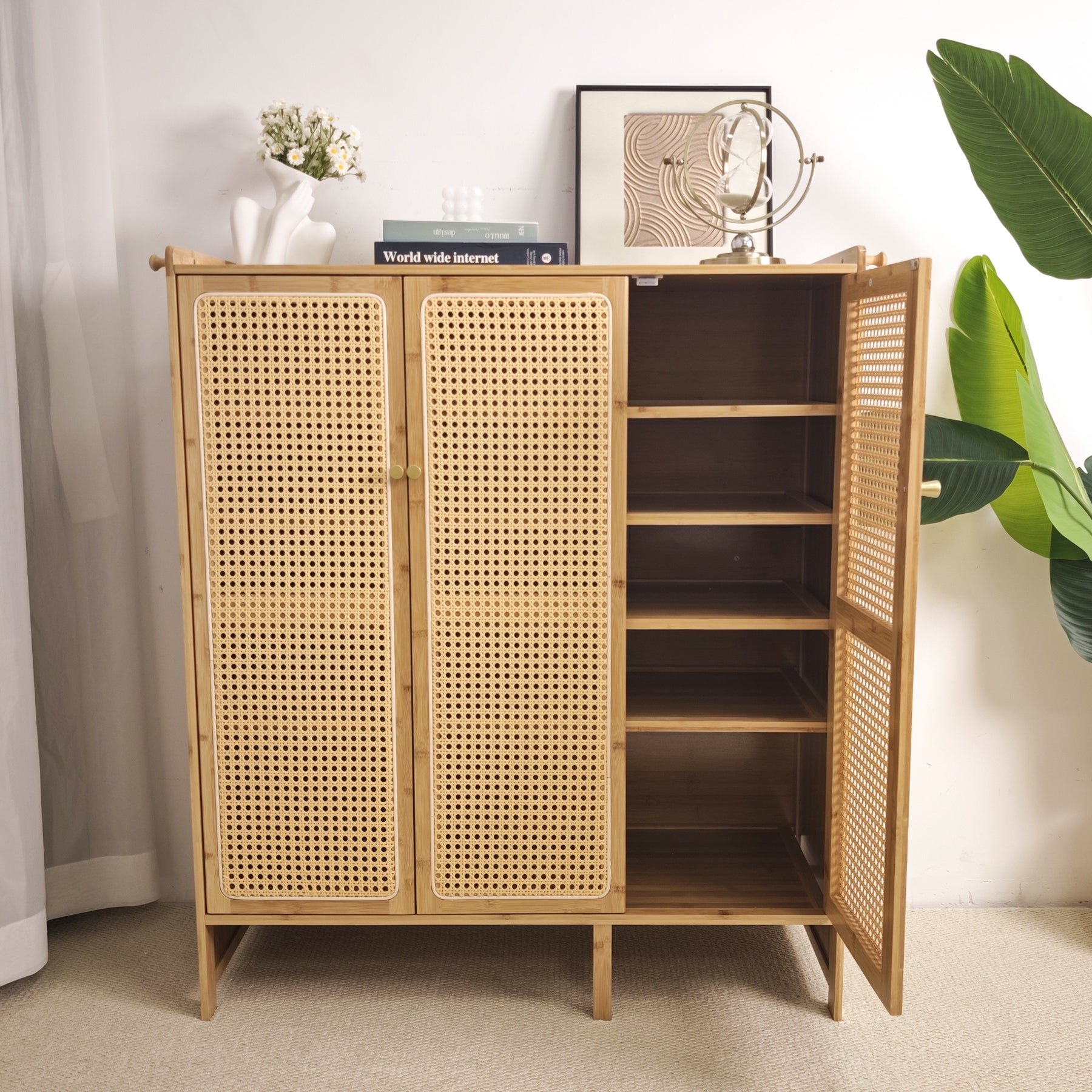 Bamboo Shoe Cabinet: 6 Tier Shelves Shoe Storage Cabinet with Hollow Doors Shoe Rack for Entryway