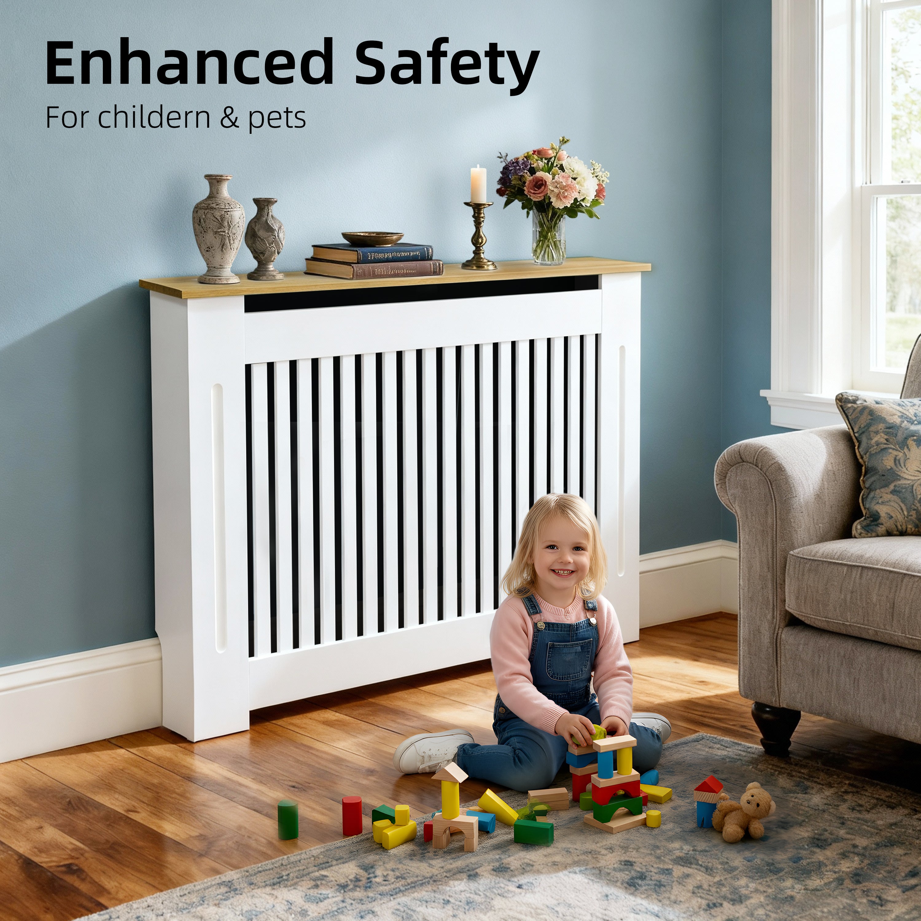 FATIVO Radiator Cover | Intenal Height 90.5cm | Vertical Slatted White Radiator Cover w/ Wood-grain Top, MDF Heater Cover