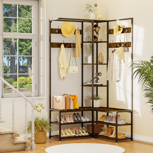 Industrial Corner Clothes Stand with Shoe Rack Storage Bench for Entryway