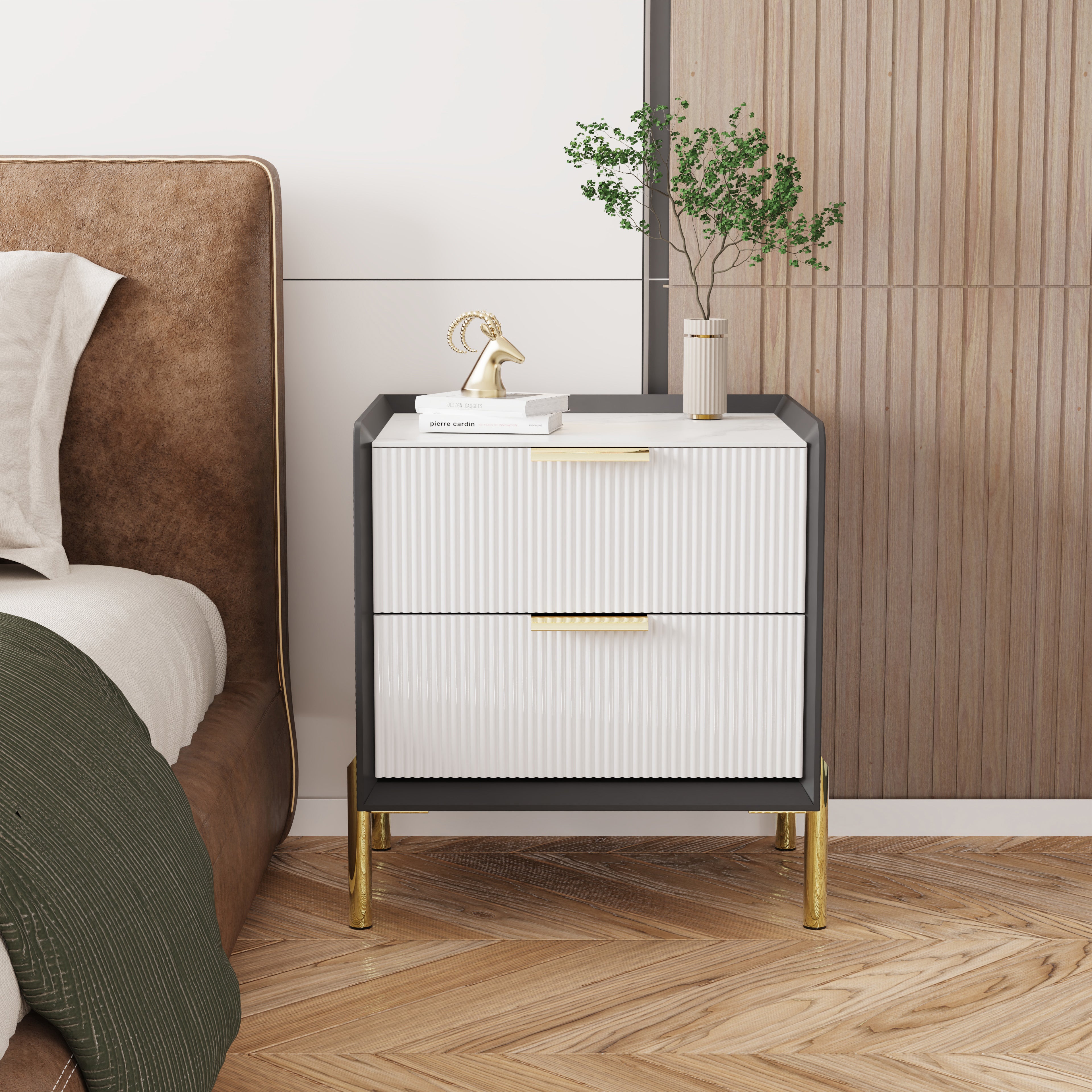 Fully Assembled Modern Nightstand with 2 Drawers Bedroom Nightstand in Sintered Stone Top