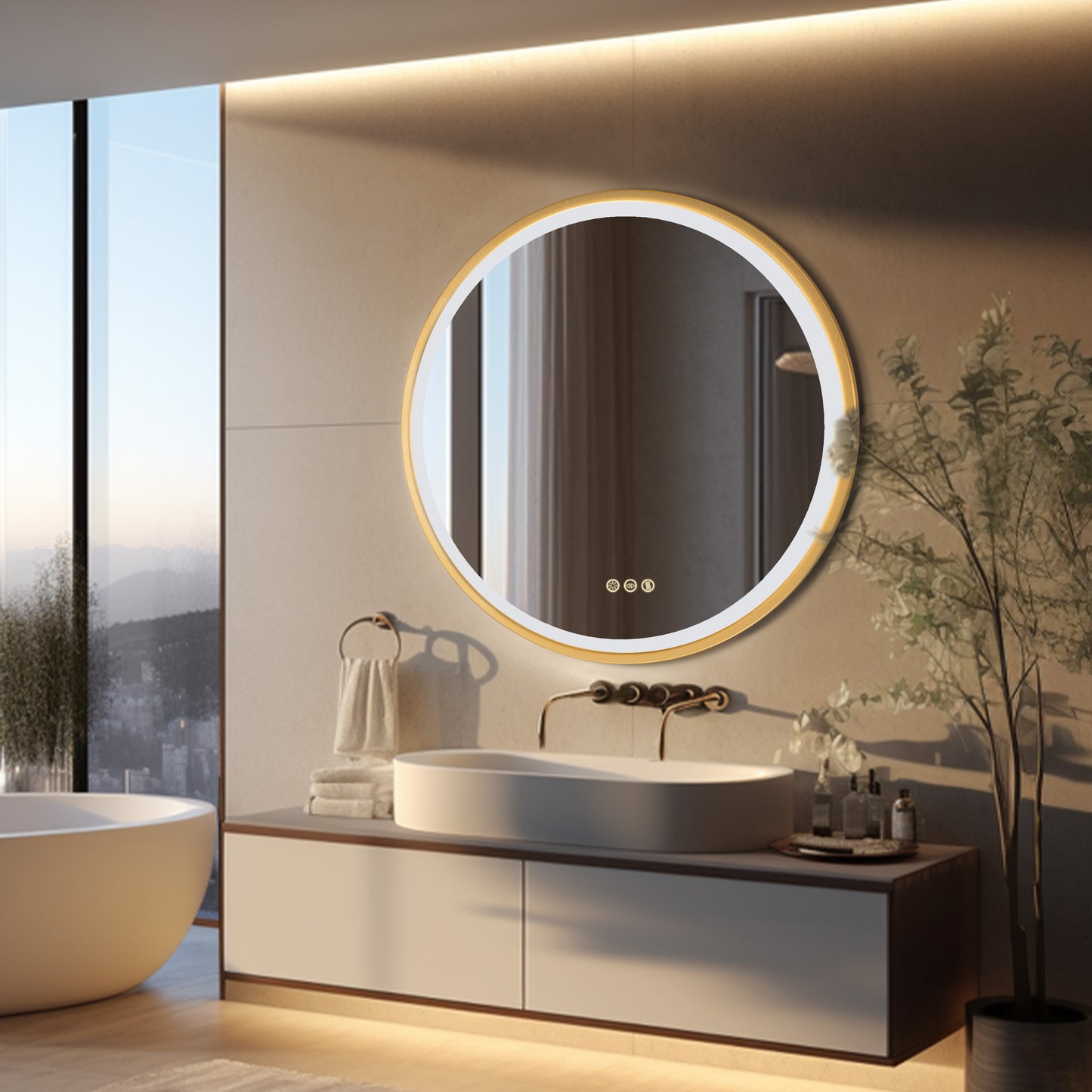 Golden Round Bathroom Mirror Aluminum Frame, Front-lit Vanity Mirror