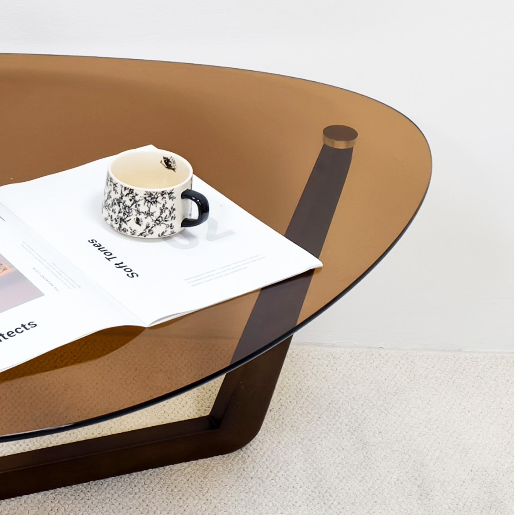 Organic Triangle Glass Center Coffee Table for Living Room, with Amber-Tinted Tempered Glass Tabletop Rubber Wooden Frame