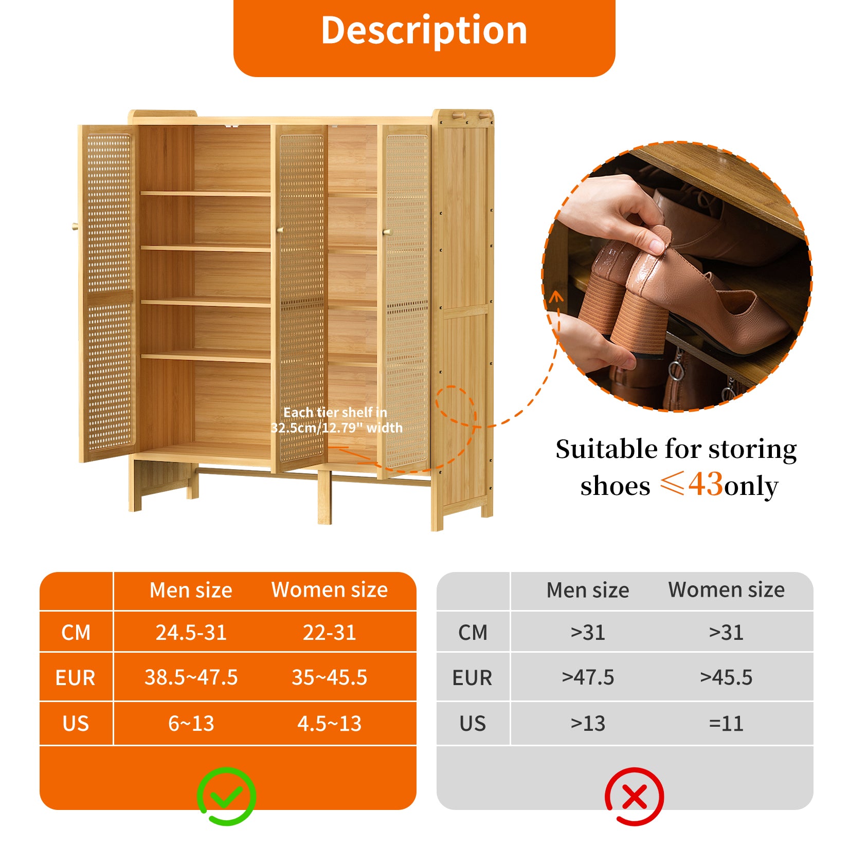 Bamboo Shoe Cabinet: 6 Tier Shelves Shoe Storage Cabinet with Hollow Doors Shoe Rack for Entryway
