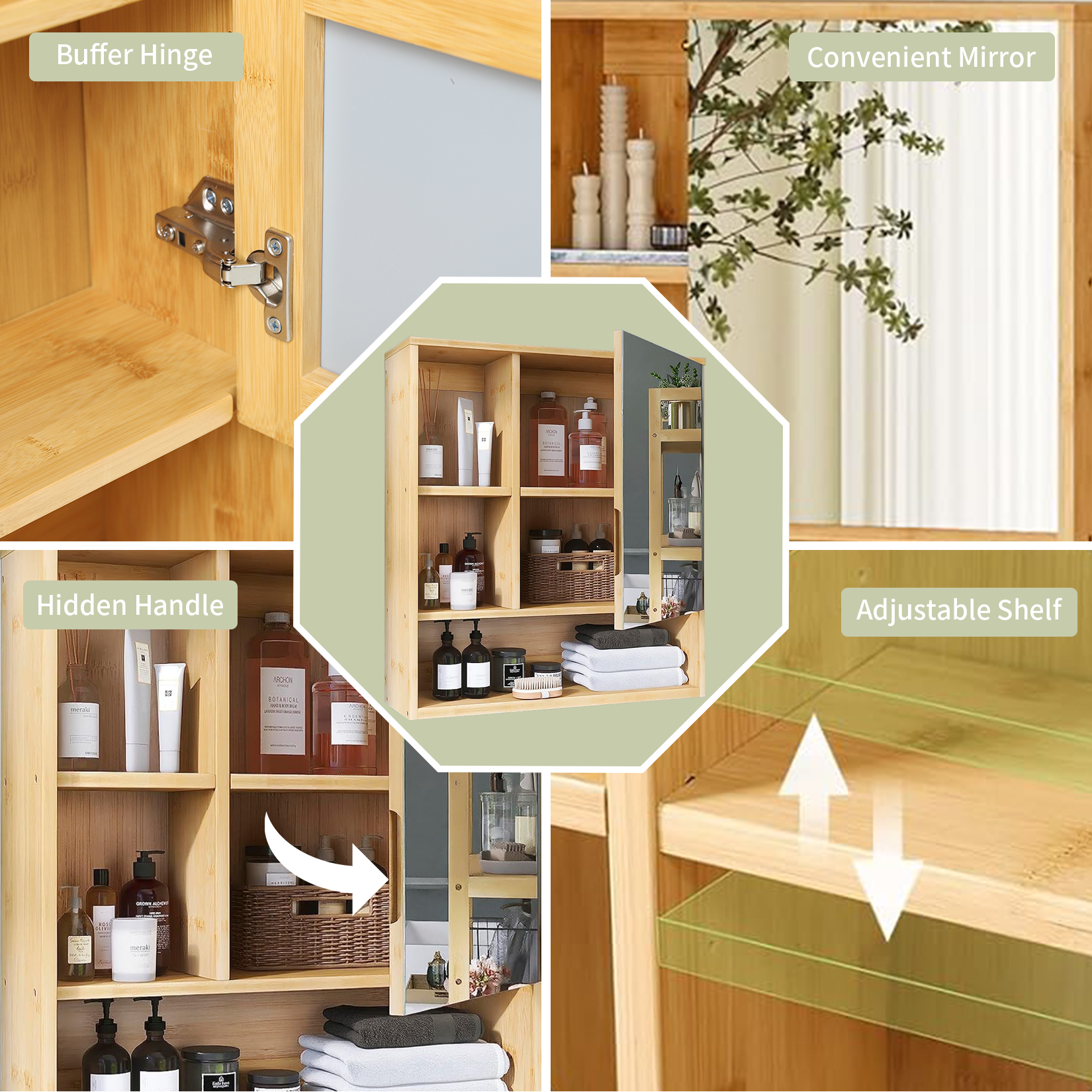 Bathroom Mirror Cabinet Wall Mounted Bamboo Medicine Cabinet Storage Stand