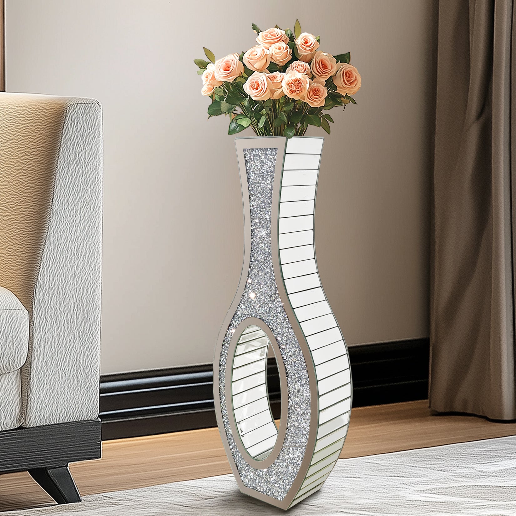 Crushed Diamond Floor Vase: Silver Mirror Vase Geometric Bling Floor-Standing Luxury Home Decor