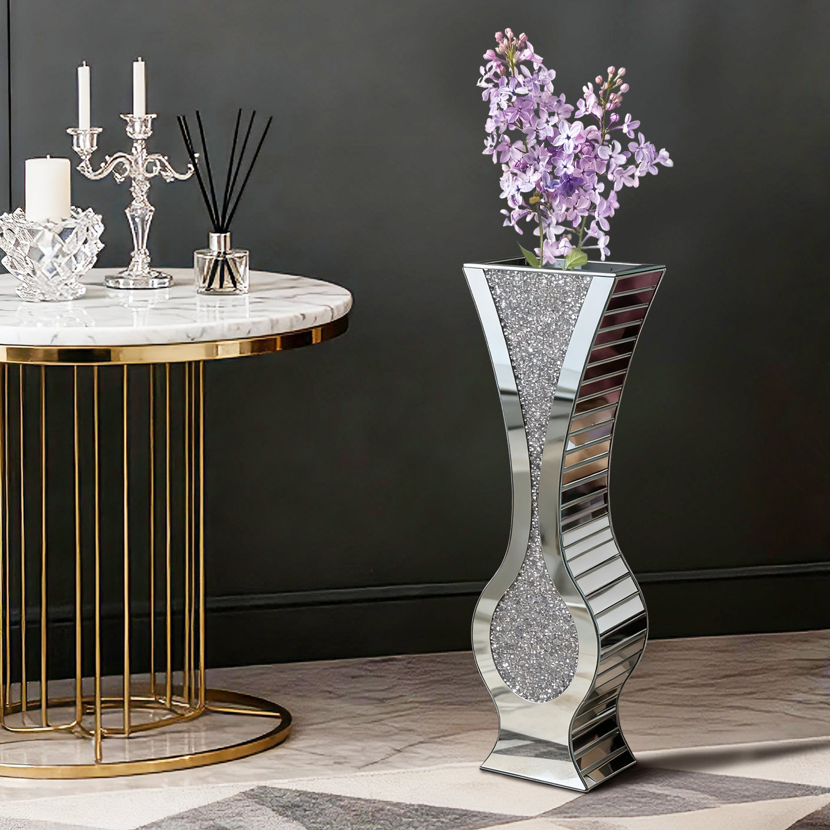 Silver 27” Tall Mirrored Vase Crushed Diamond Floor Vase Pampas Faux Flower Vase