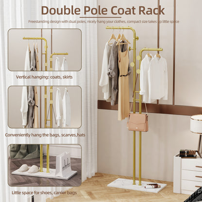Gold Metal Coat Rack with 5 Smooth Hooks, Free Standing Clothes Stand