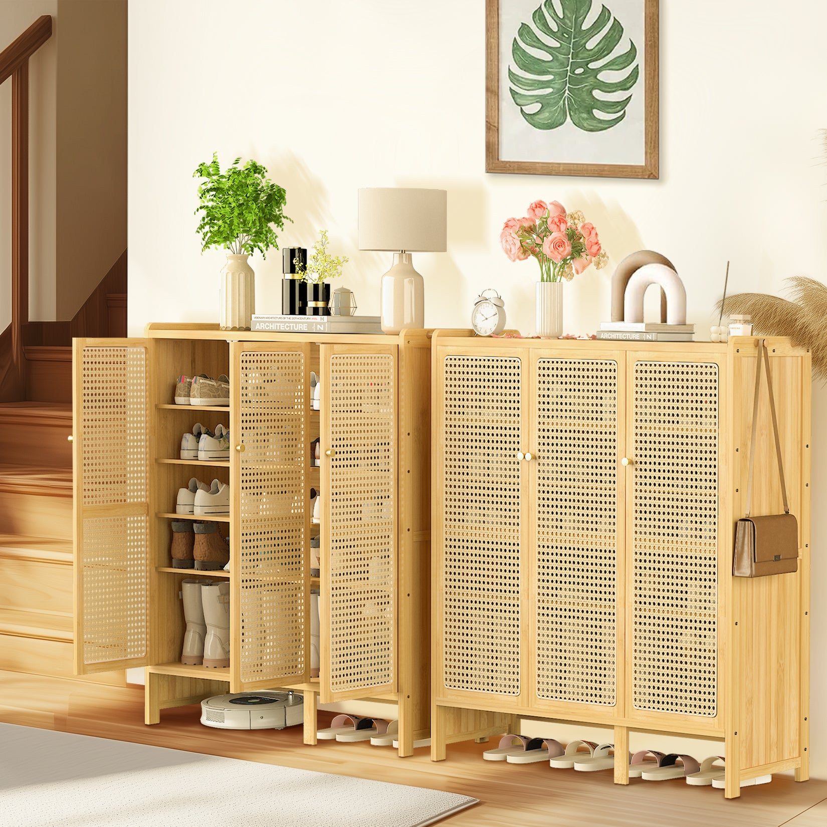 Bamboo Shoe Cabinet: 6 Tier Shelves Shoe Storage Cabinet with Hollow Doors Shoe Rack for Entryway
