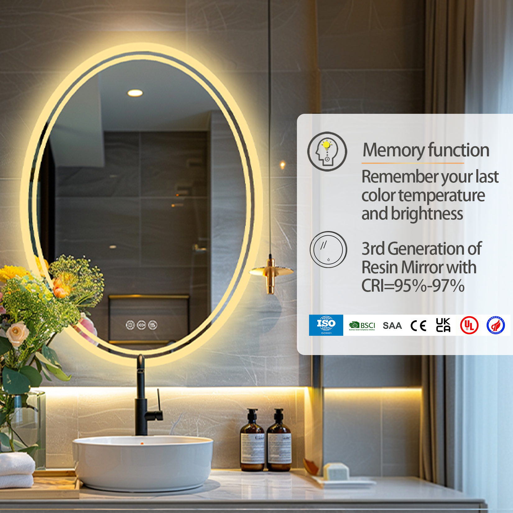 Oval Dimmable Backlight Lighted Bathroom Mirror